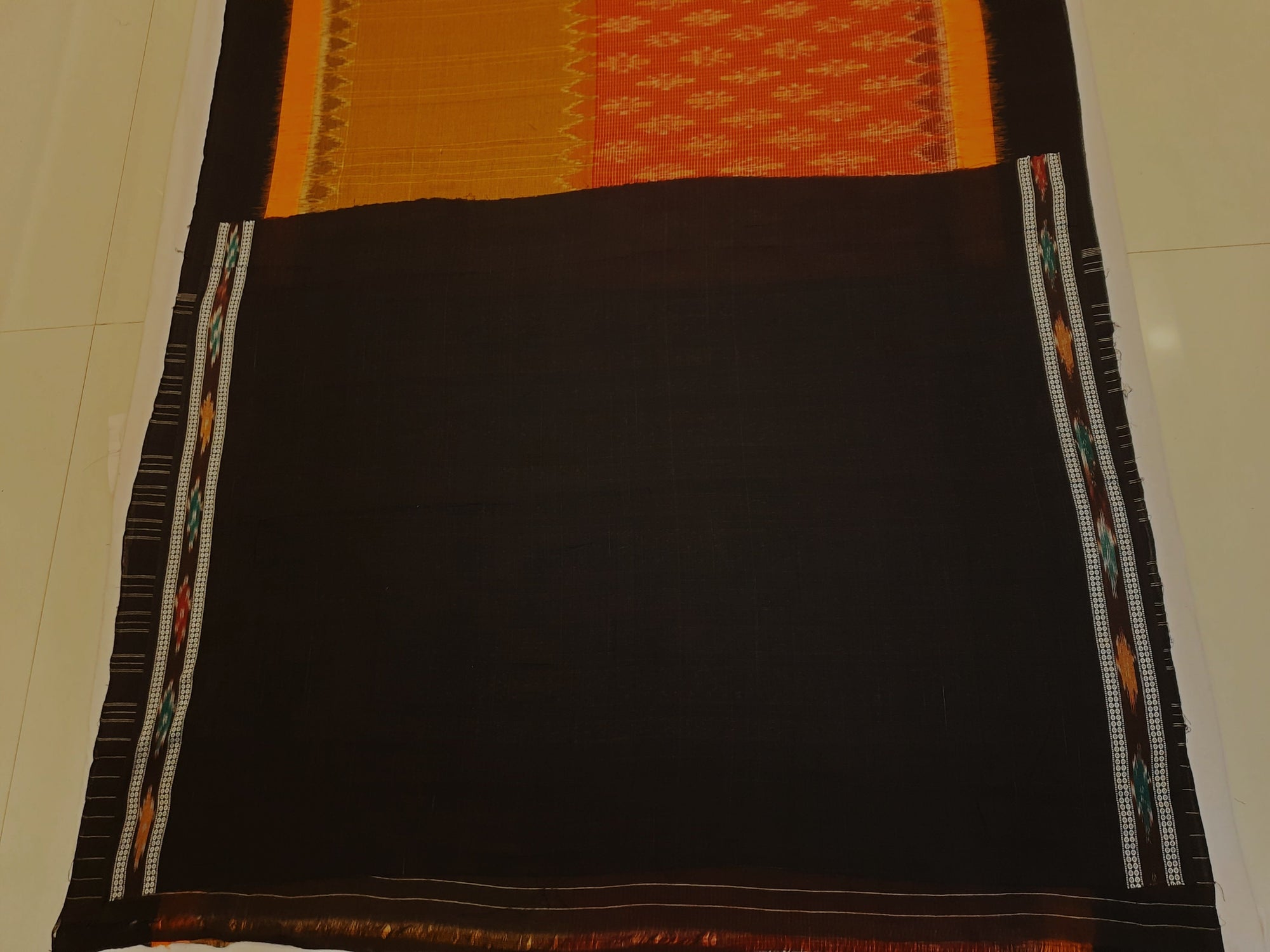 Maroon Mustard half half coloured body Odisha Ikat saree with cotton ikat blouse piece