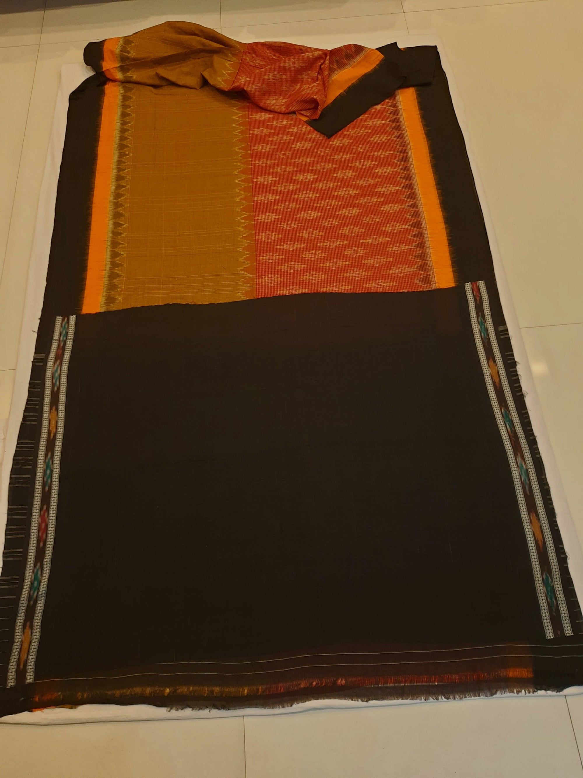 Maroon Mustard half half coloured body Odisha Ikat saree with cotton ikat blouse piece