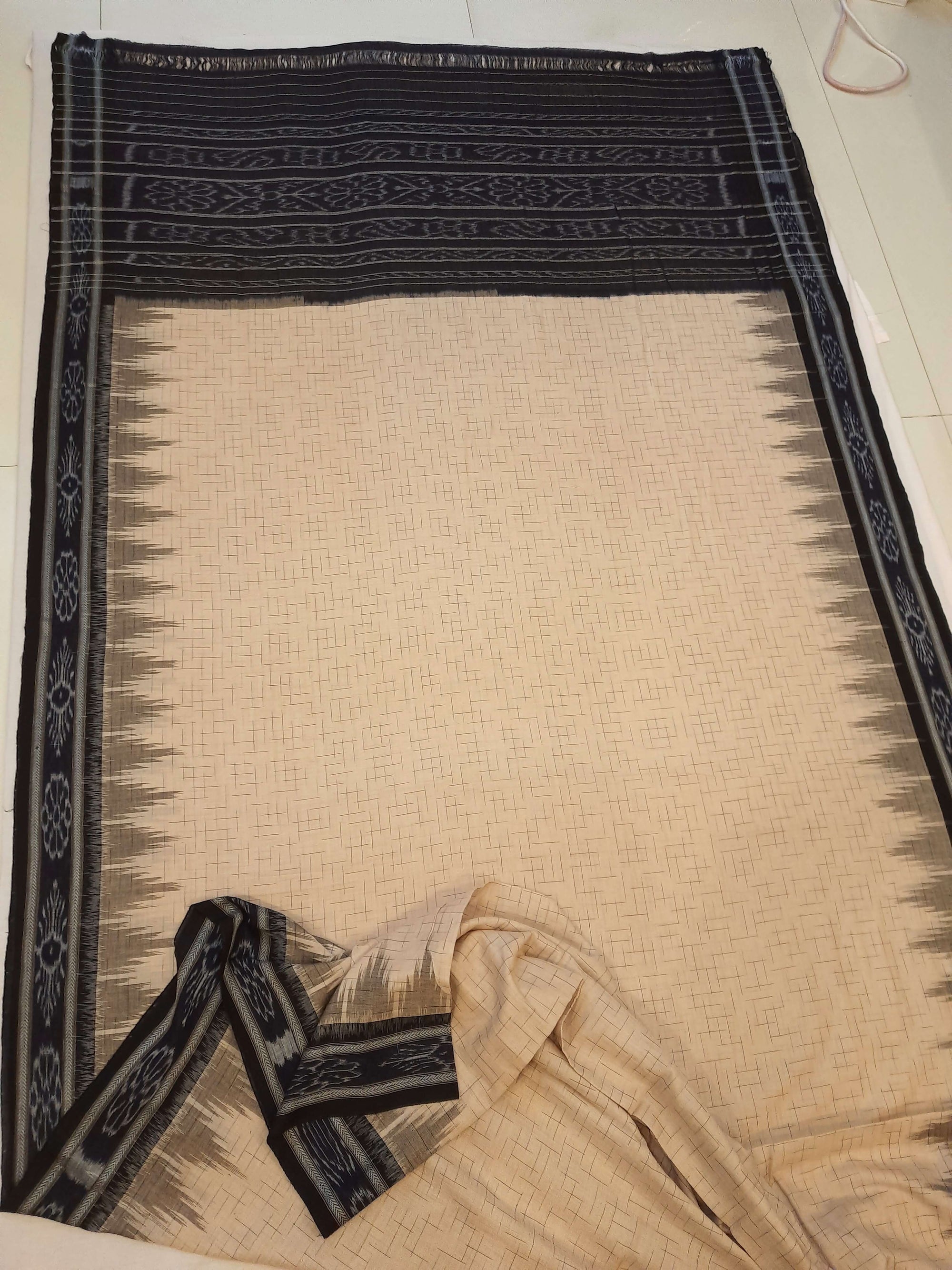 Beige and Black Cotton Odisha Ikat saree with mix match cotton blouse piece