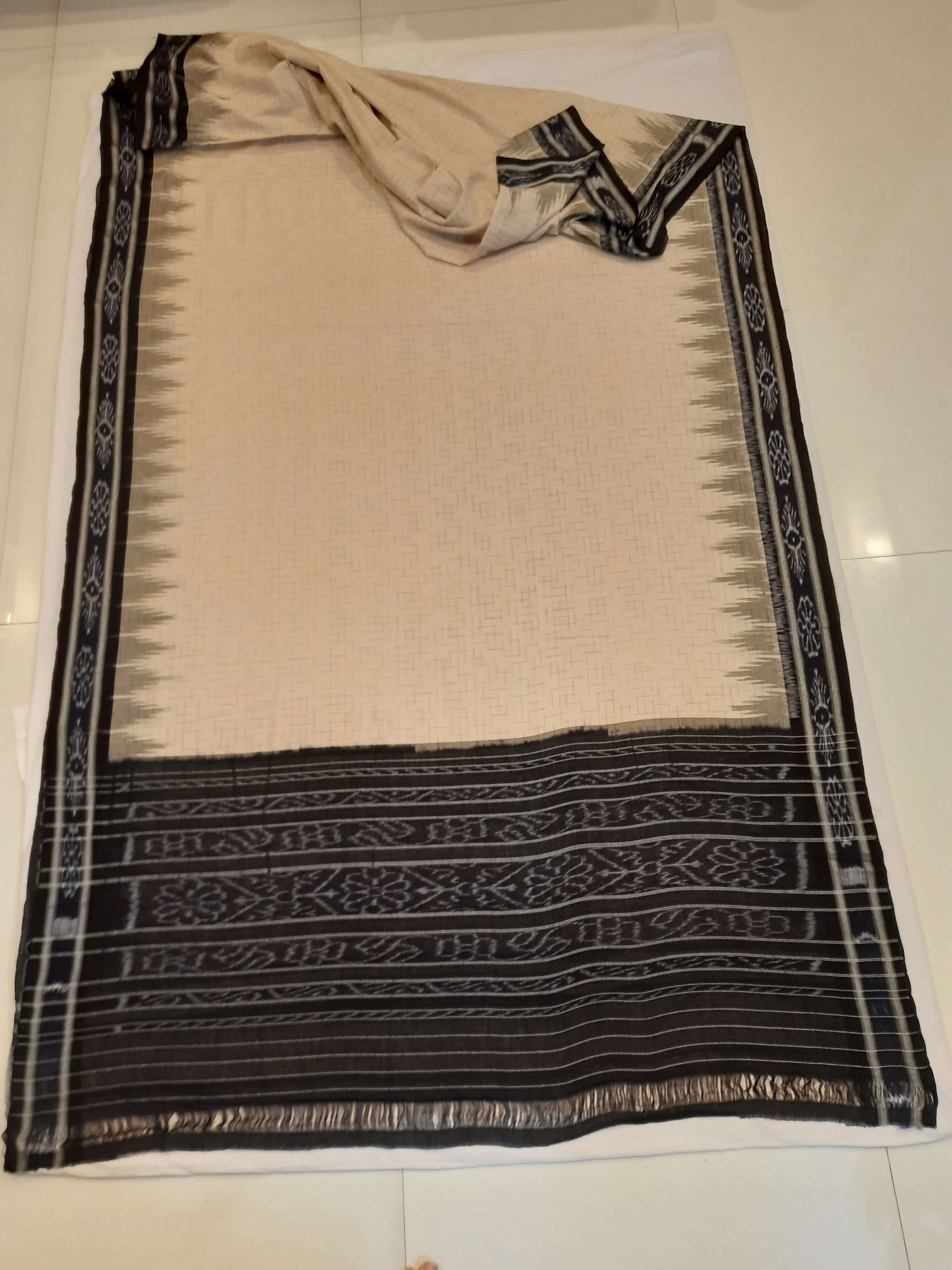 Beige and Black Cotton Odisha Ikat saree with mix match cotton blouse piece