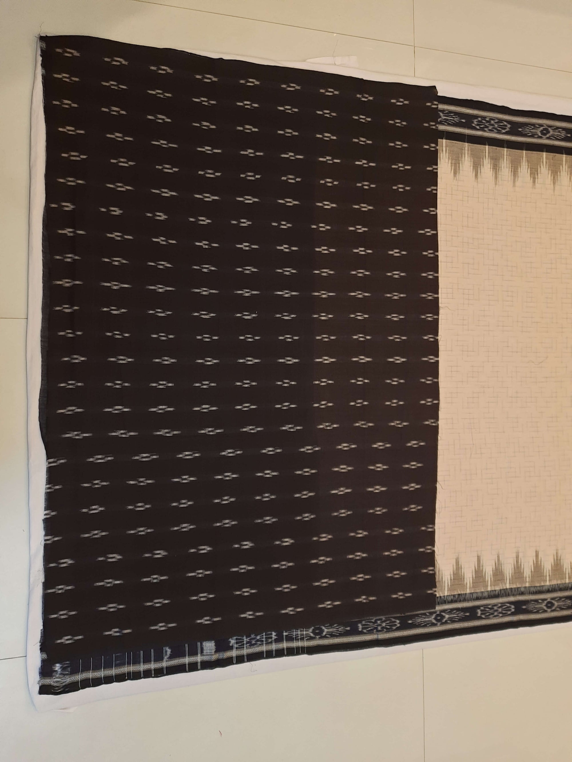 Beige and Black Cotton Odisha Ikat saree with mix match cotton blouse piece