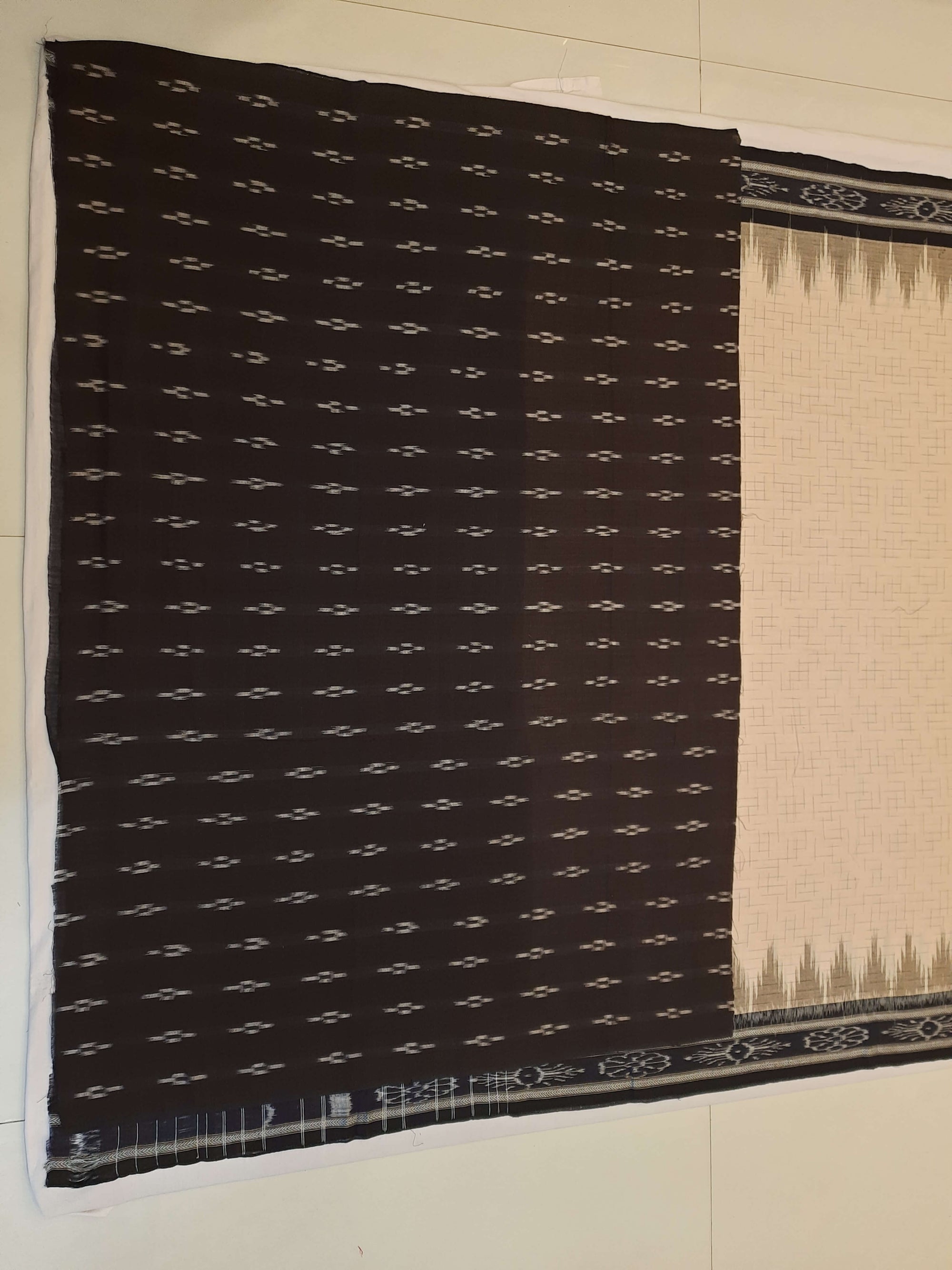 Beige and Black Cotton Odisha Ikat saree with mix match cotton blouse piece