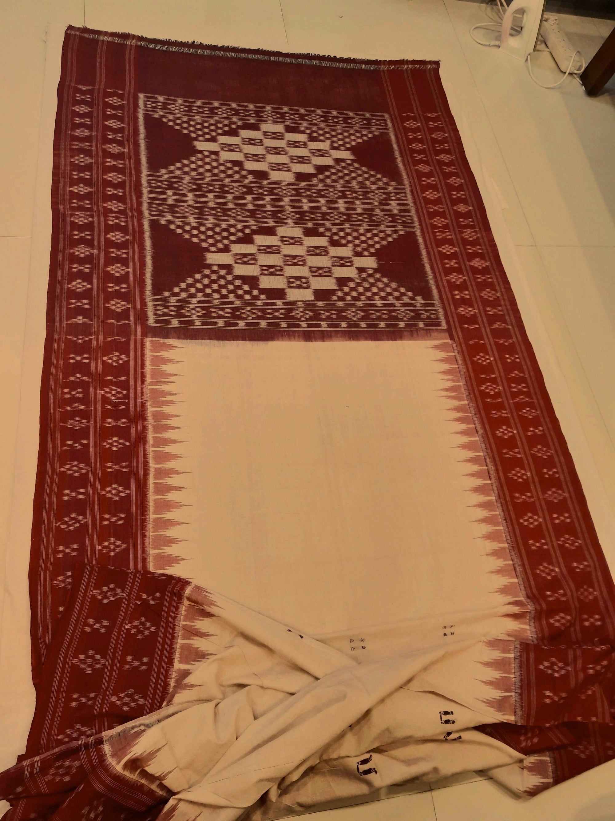 Beige Maroon double border Odisha Ikat saree with running blouse piece