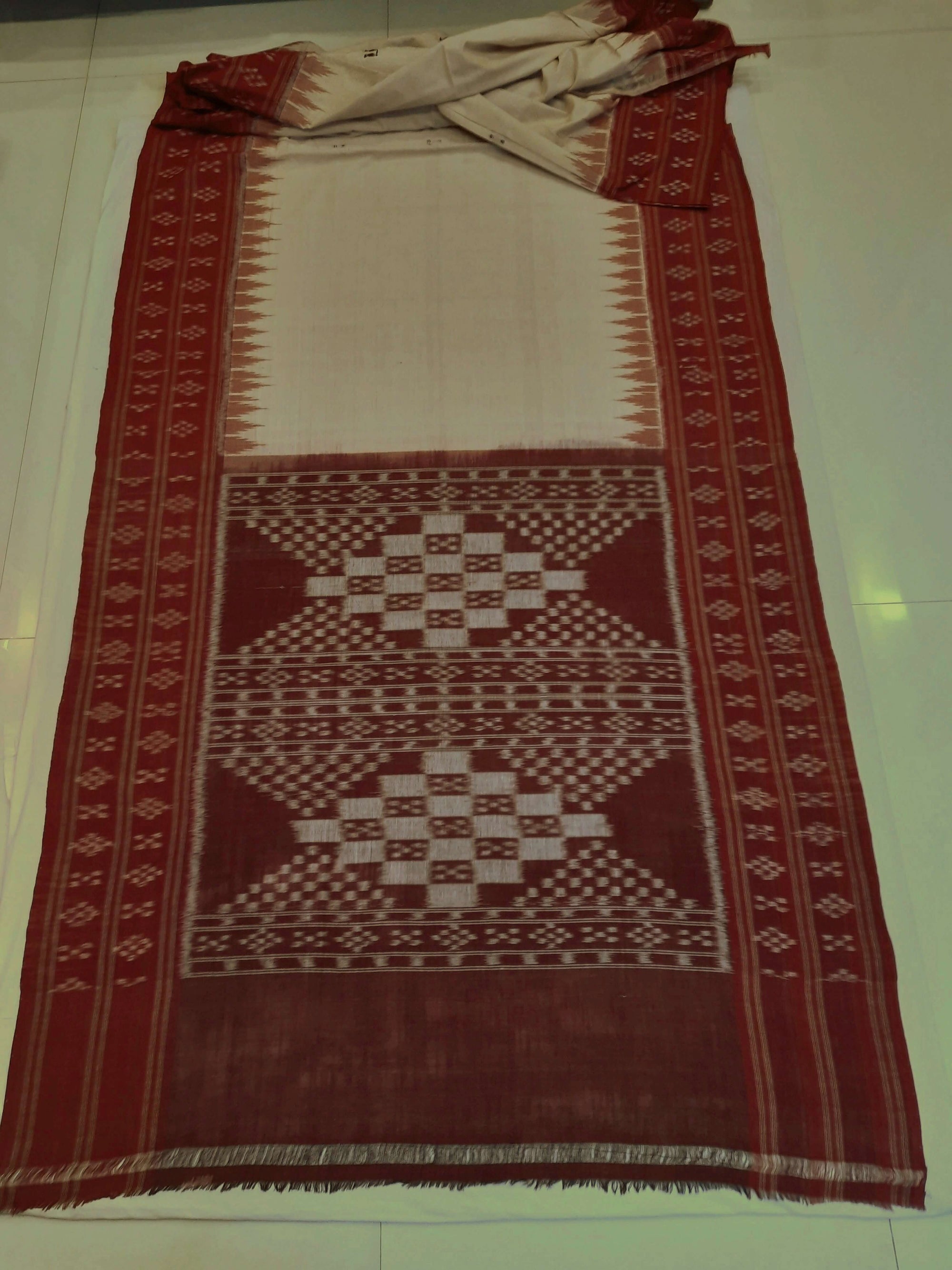Beige Maroon double border Odisha Ikat saree with running blouse piece