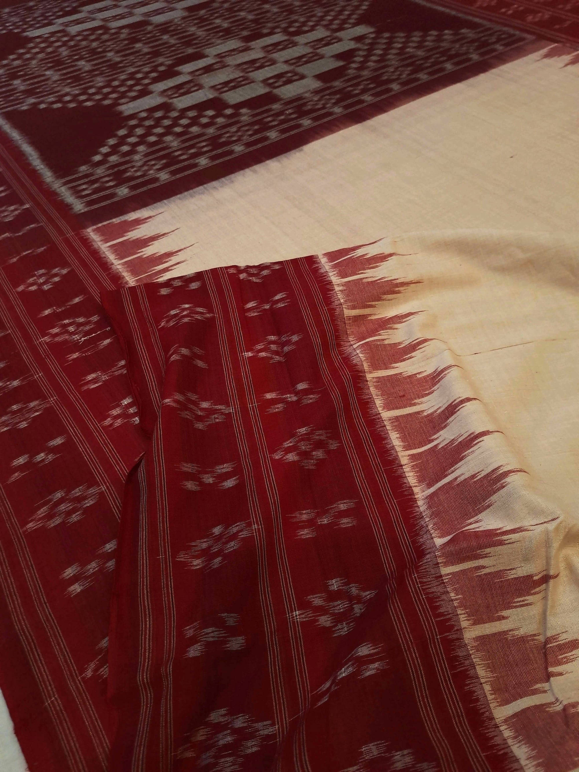Beige Maroon double border Odisha Ikat saree with running blouse piece
