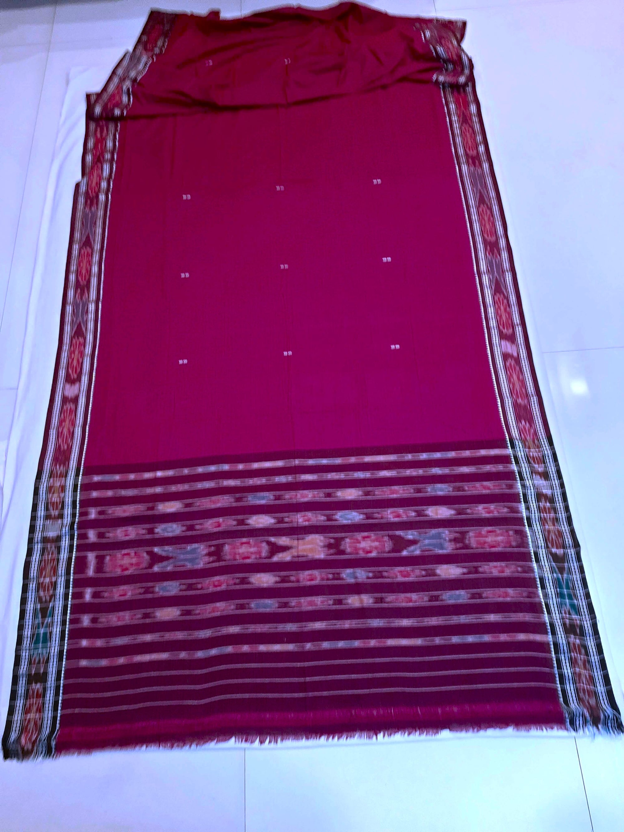 DarkPink Cotton Odisha Ikat saree  with mix match cotton ikat blouse