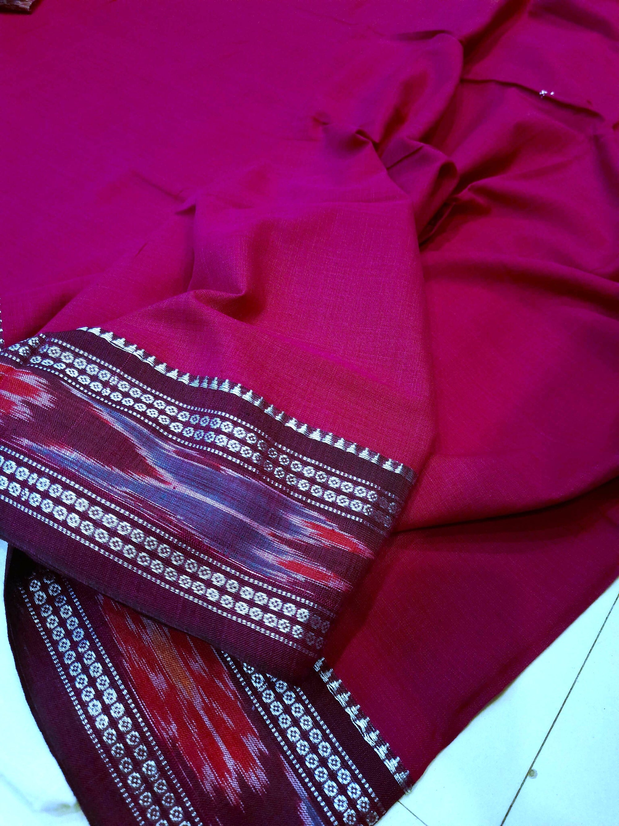 DarkPink Cotton Odisha Ikat saree  with mix match cotton ikat blouse