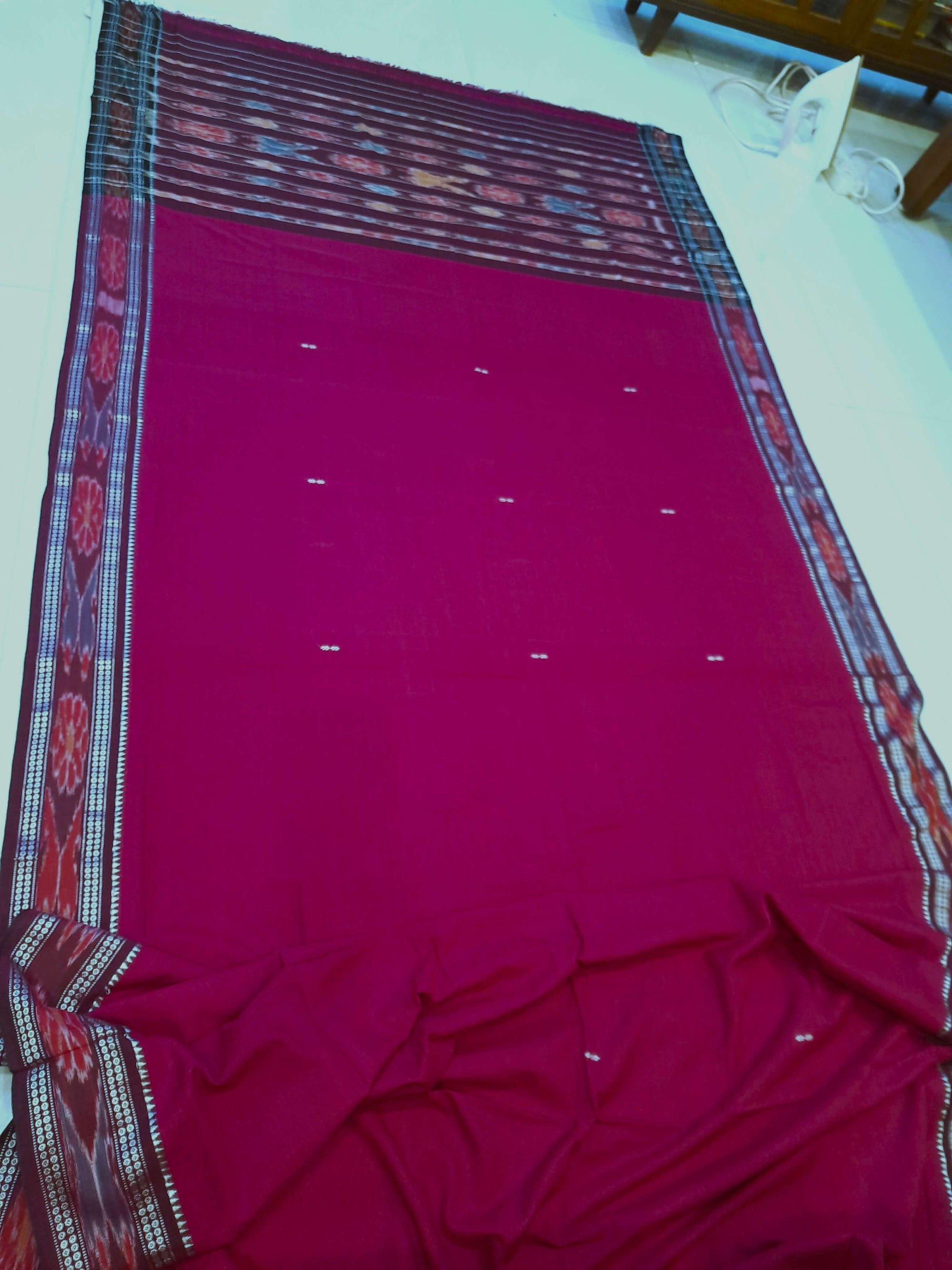 DarkPink Cotton Odisha Ikat saree  with mix match cotton ikat blouse