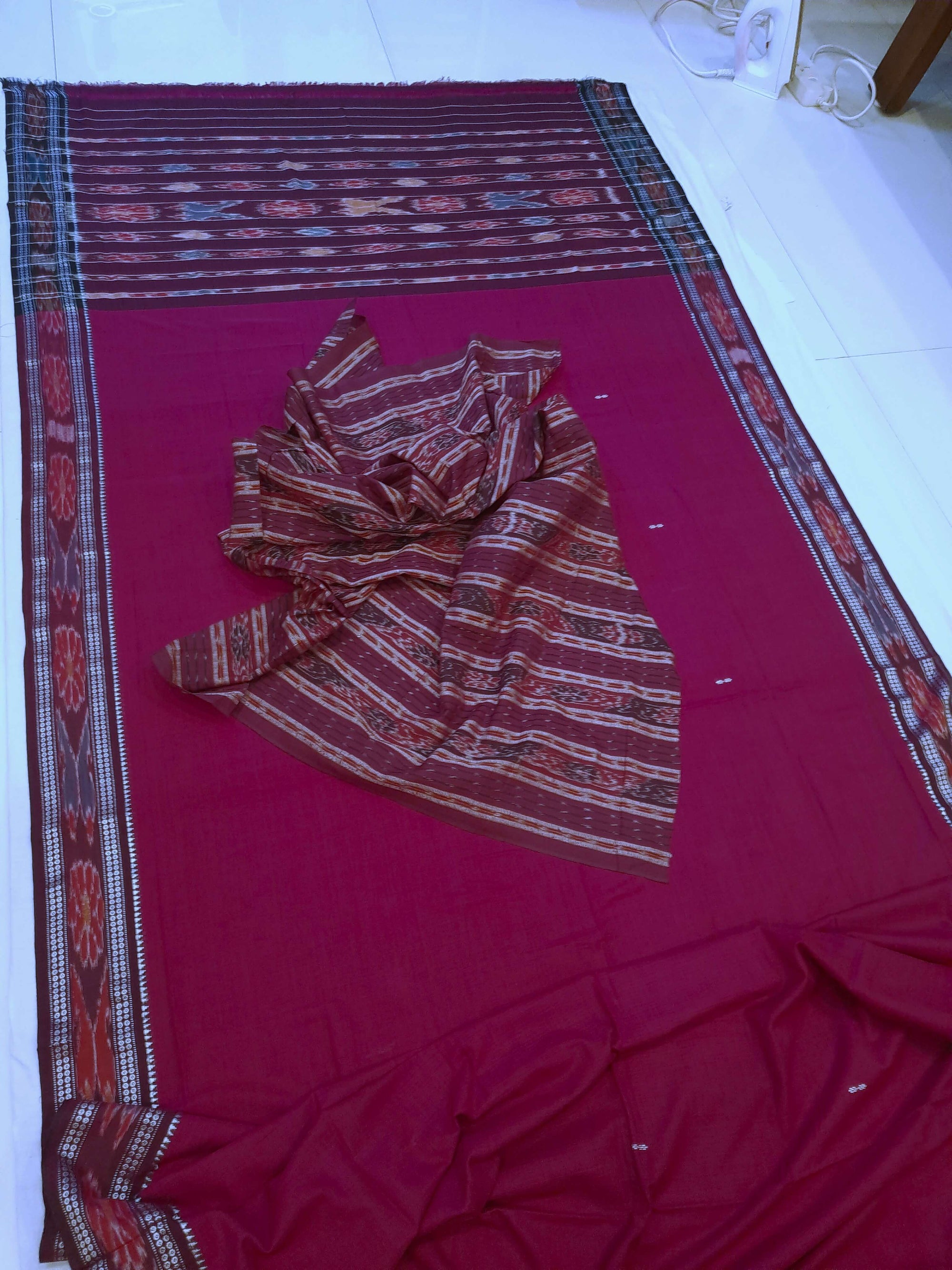 DarkPink Cotton Odisha Ikat saree  with mix match cotton ikat blouse