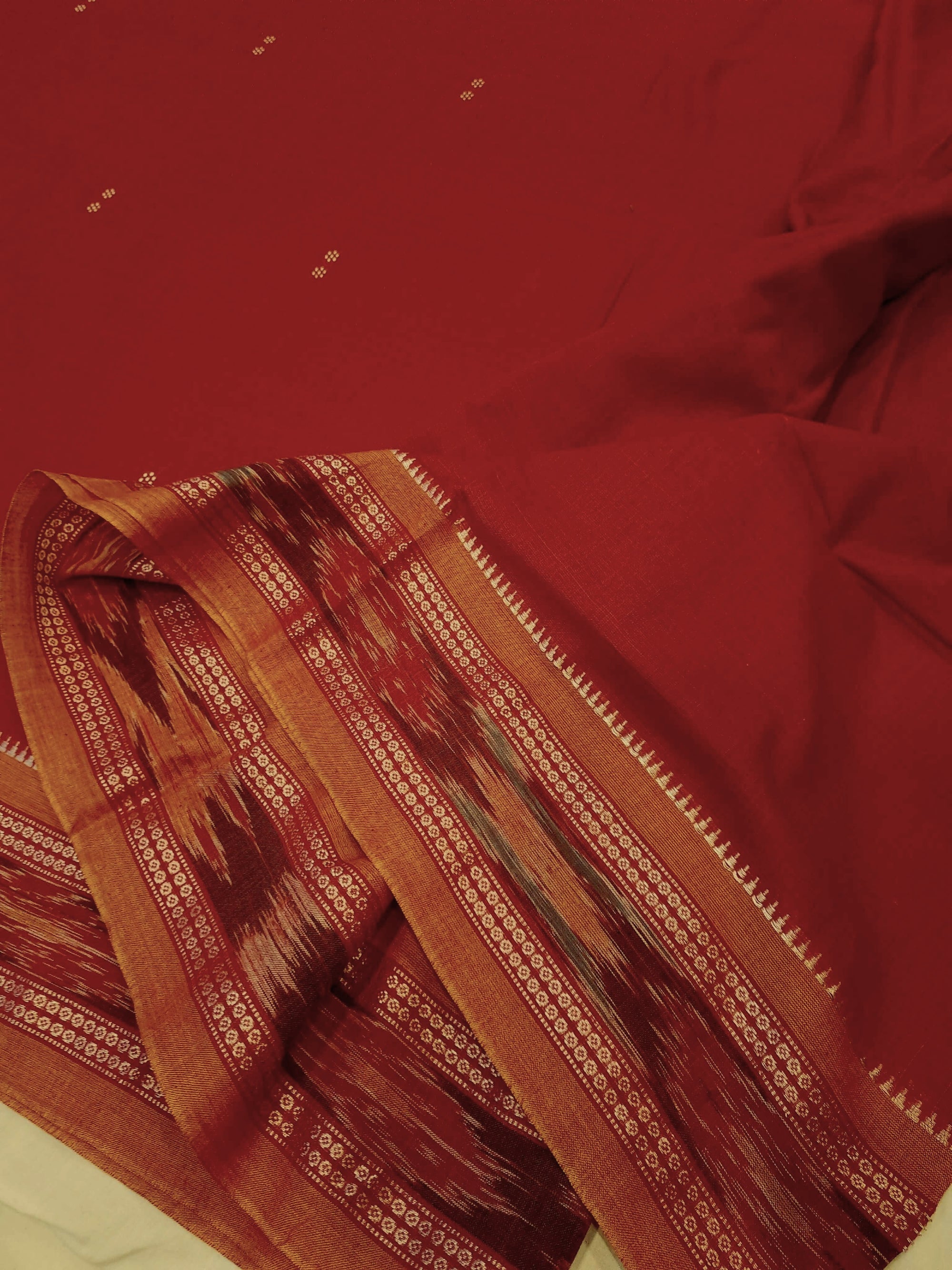 Red Cotton Odisha Ikat saree  with mix match cotton ikat blouse