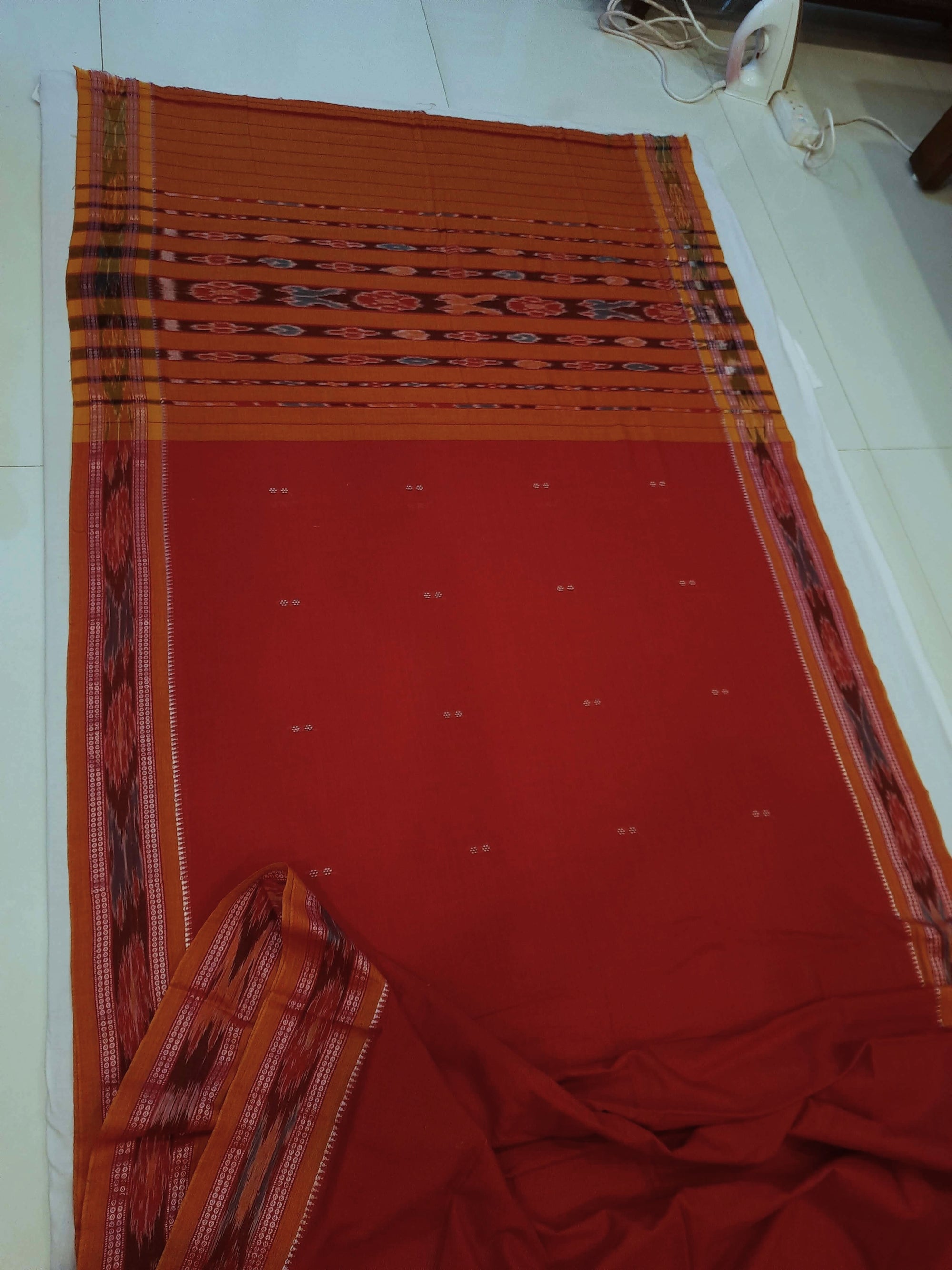 Red Cotton Odisha Ikat saree  with mix match cotton ikat blouse