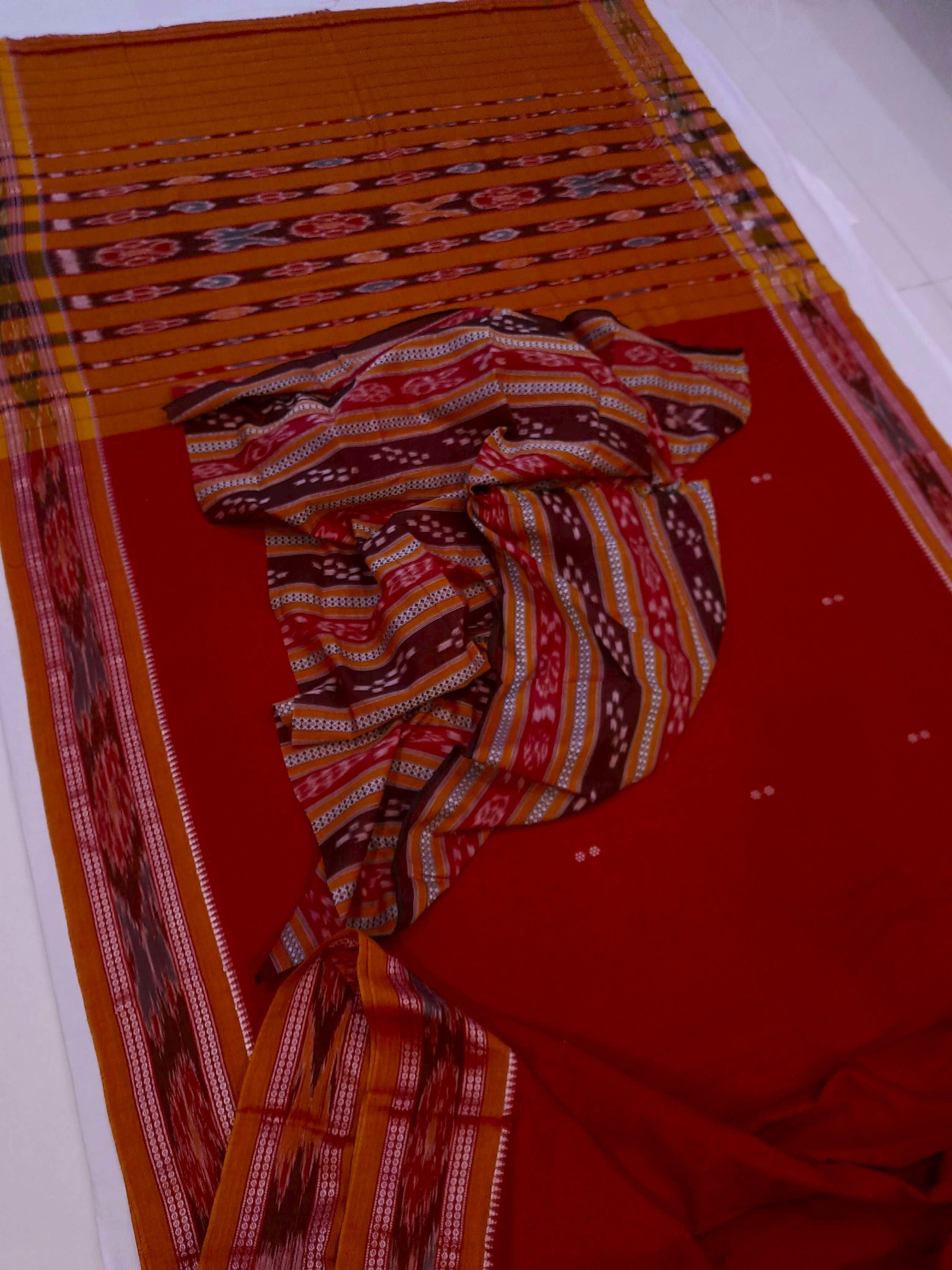 Red Cotton Odisha Ikat saree  with mix match cotton ikat blouse