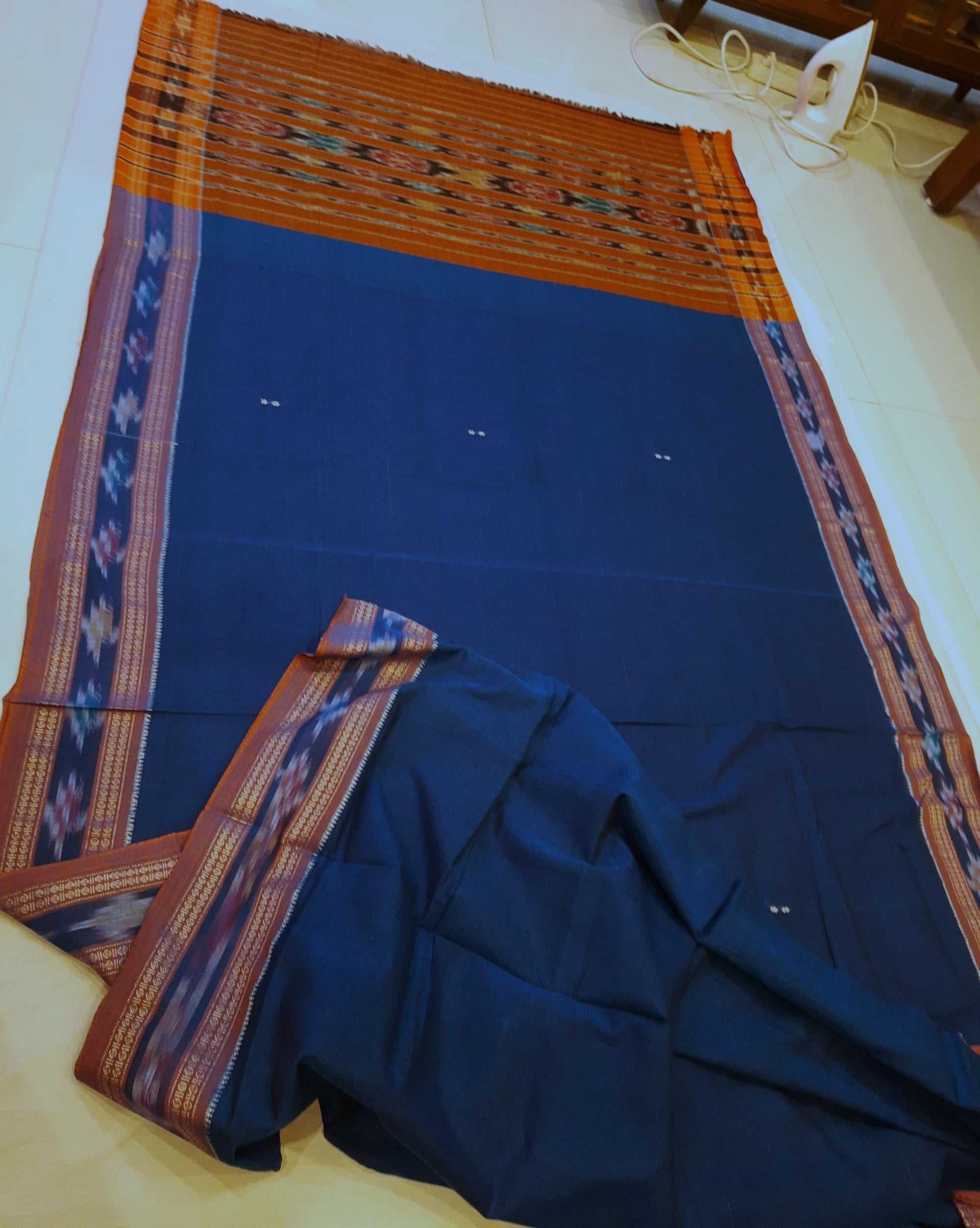 Blue Cotton Odisha Ikat saree  with mix match cotton ikat blouse