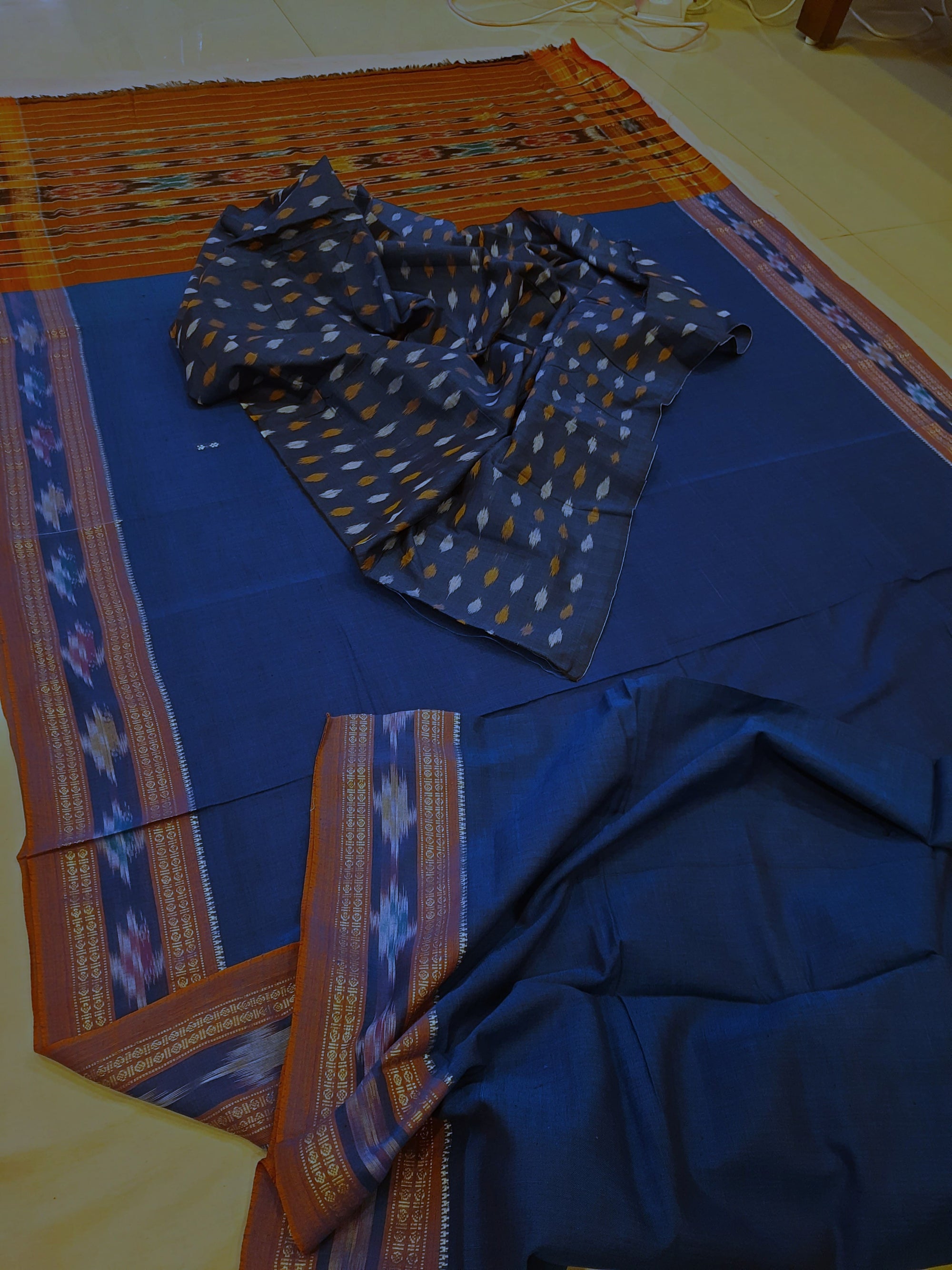 Blue Cotton Odisha Ikat saree  with mix match cotton ikat blouse
