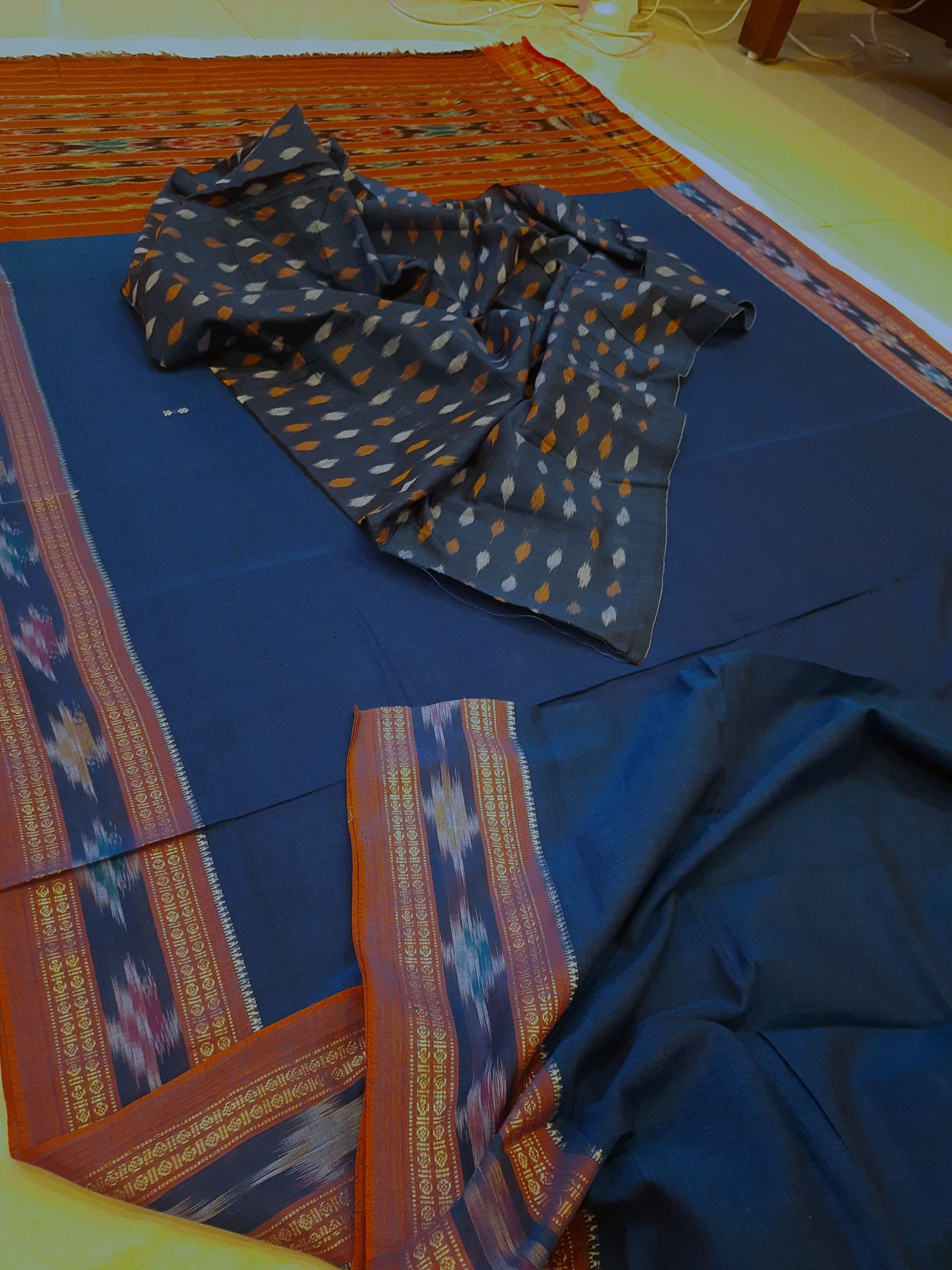 Blue Cotton Odisha Ikat saree  with mix match cotton ikat blouse