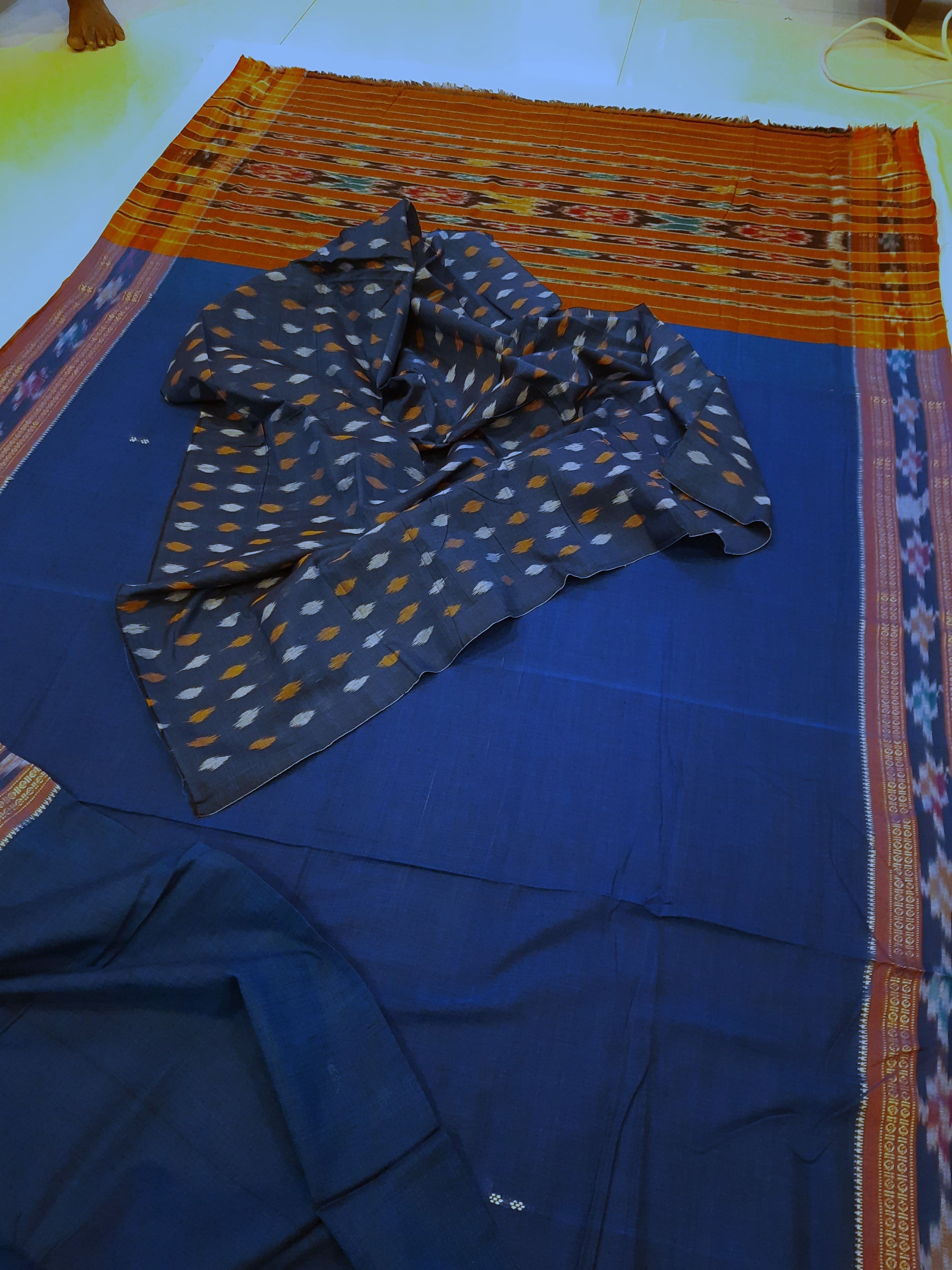 Blue Cotton Odisha Ikat saree  with mix match cotton ikat blouse