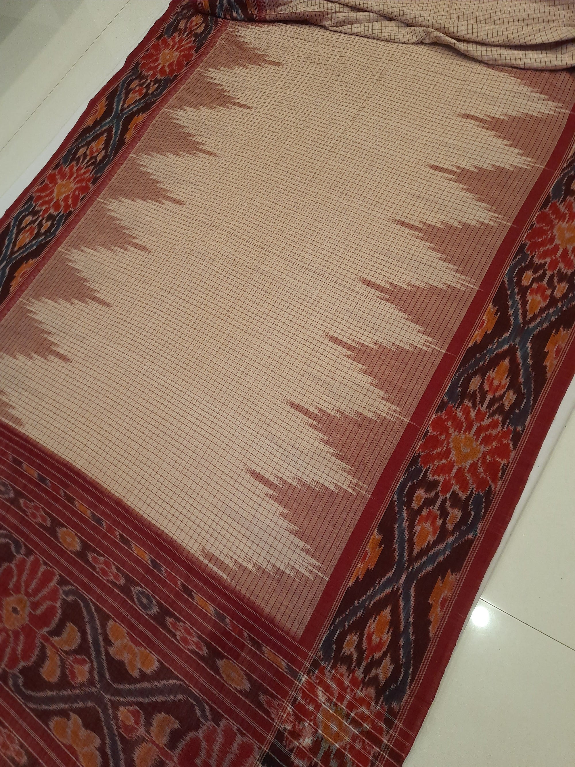 Beige checkered body Cotton Odisha Ikat saree with mix match cotton ikat blouse