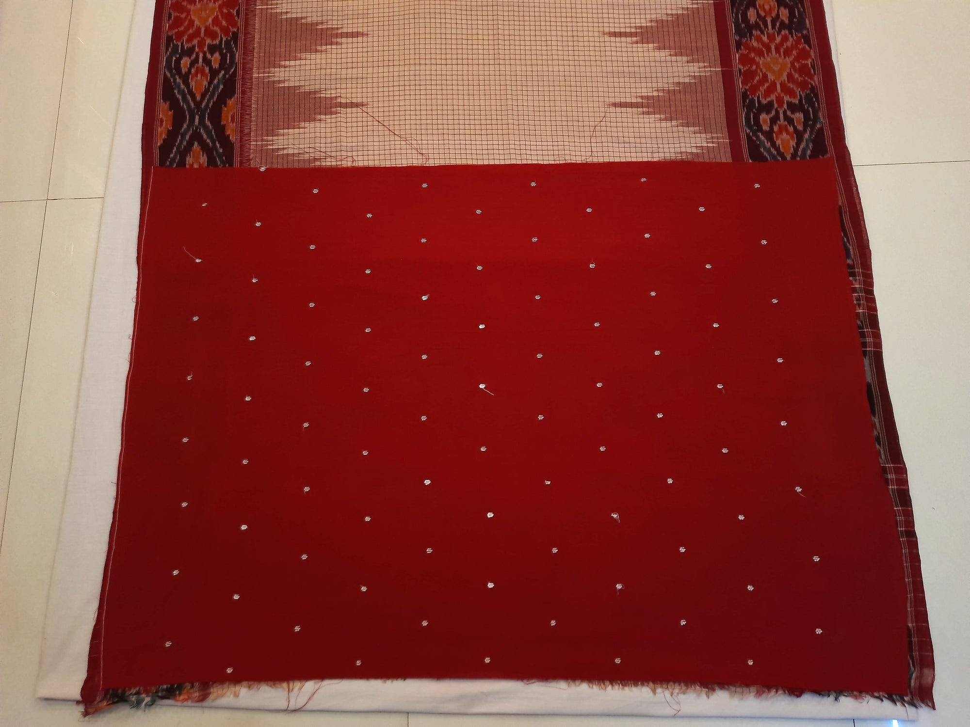 Beige checkered body Cotton Odisha Ikat saree with mix match cotton ikat blouse