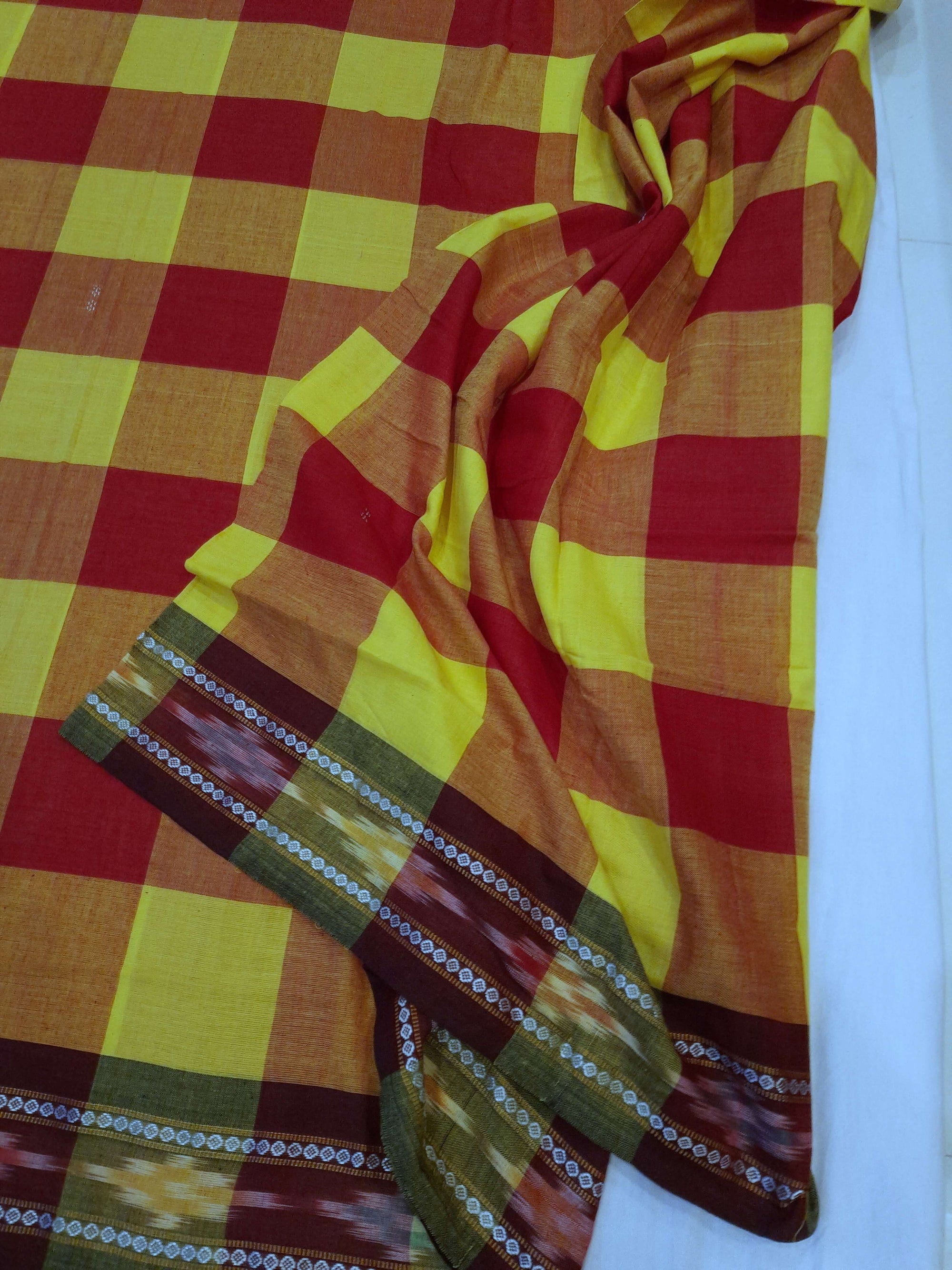 Yellow Red checkered body Odisha Ikat saree with cotton ikat blouse piece