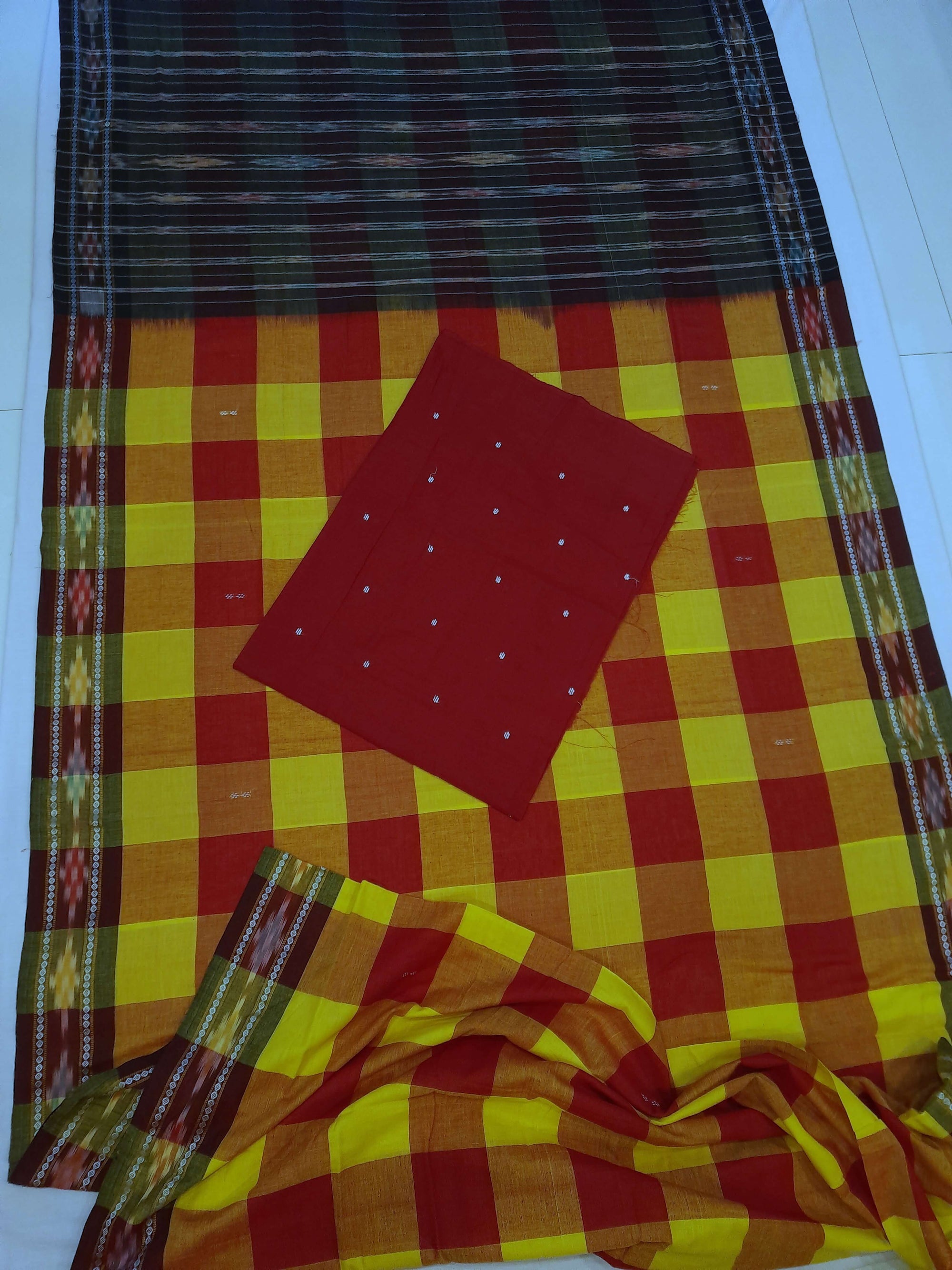 Yellow Red checkered body Odisha Ikat saree with cotton ikat blouse piece