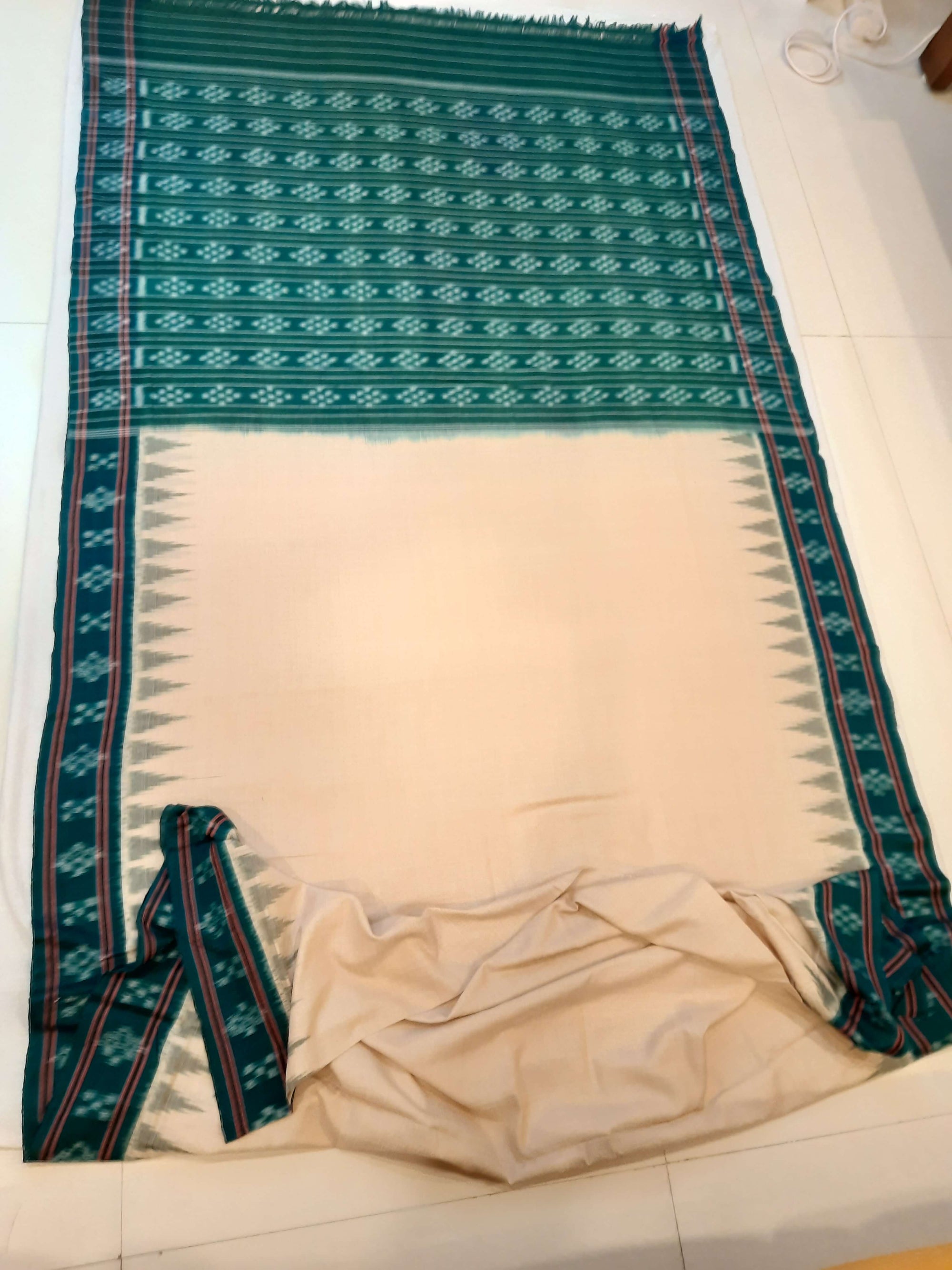 Beige with Green Cotton Odisha Ikat saree with green cotton ikat blouse piece
