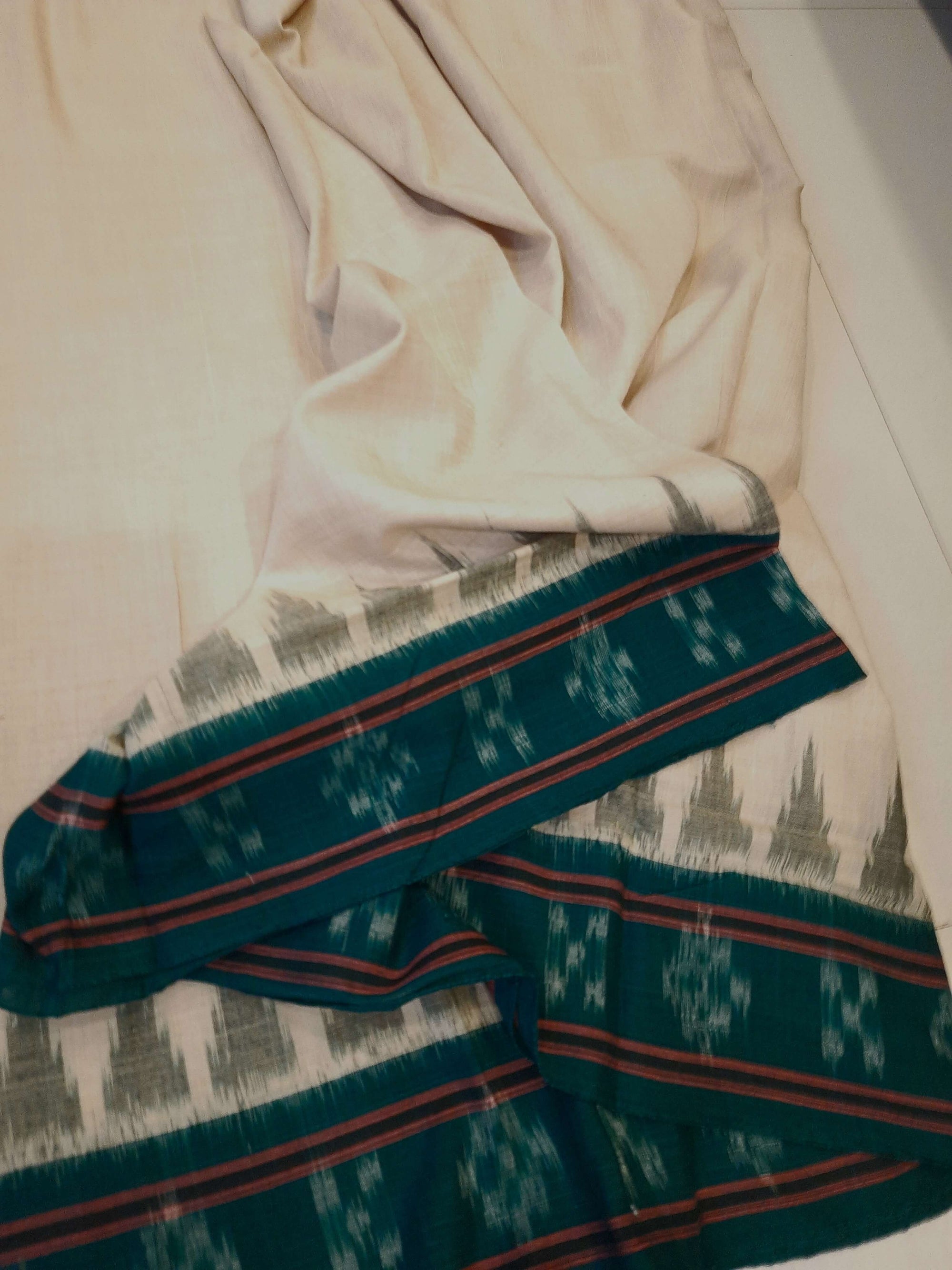 Beige with Green Cotton Odisha Ikat saree with green cotton ikat blouse piece