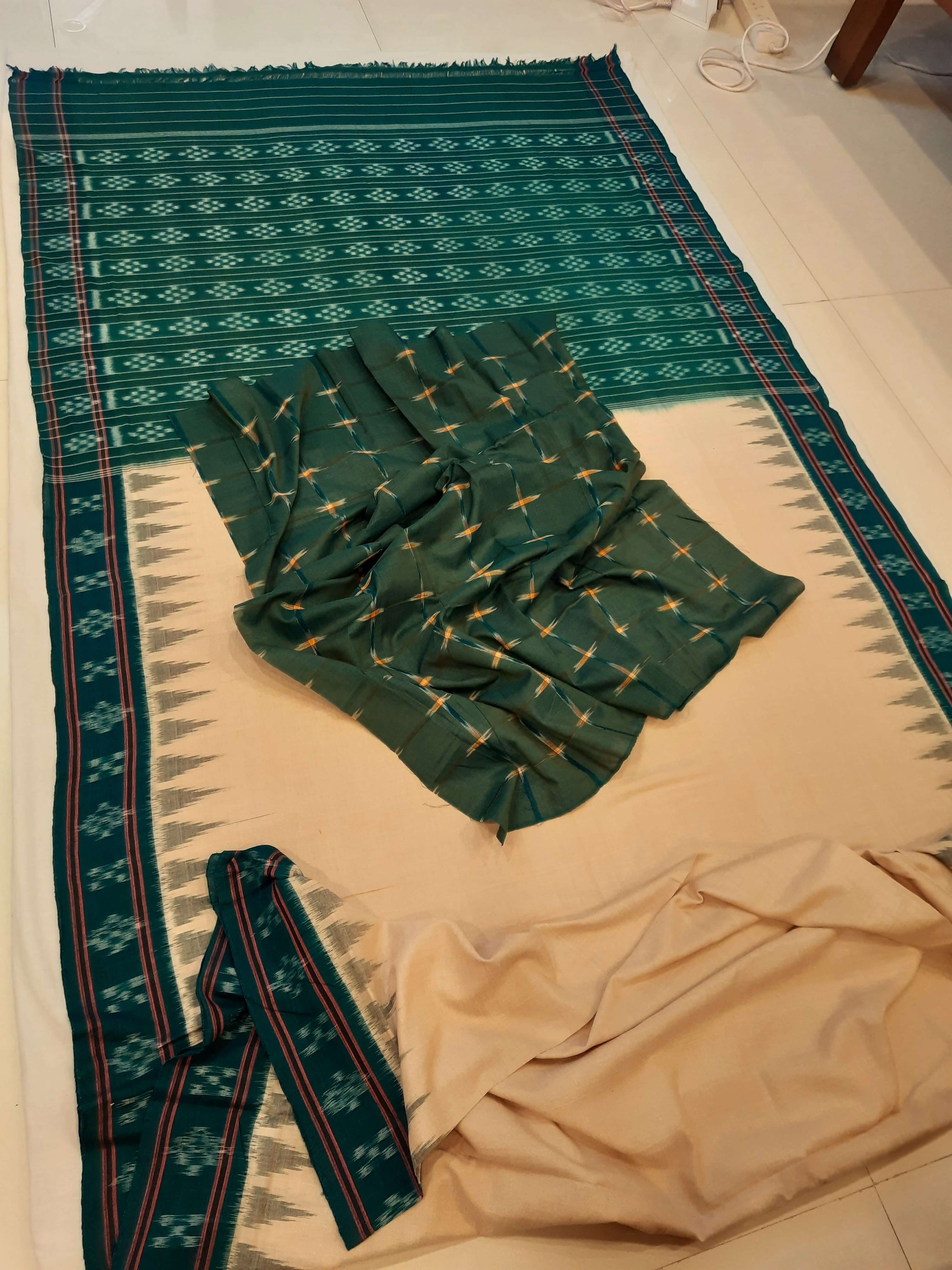Beige with Green Cotton Odisha Ikat saree with green cotton ikat blouse piece