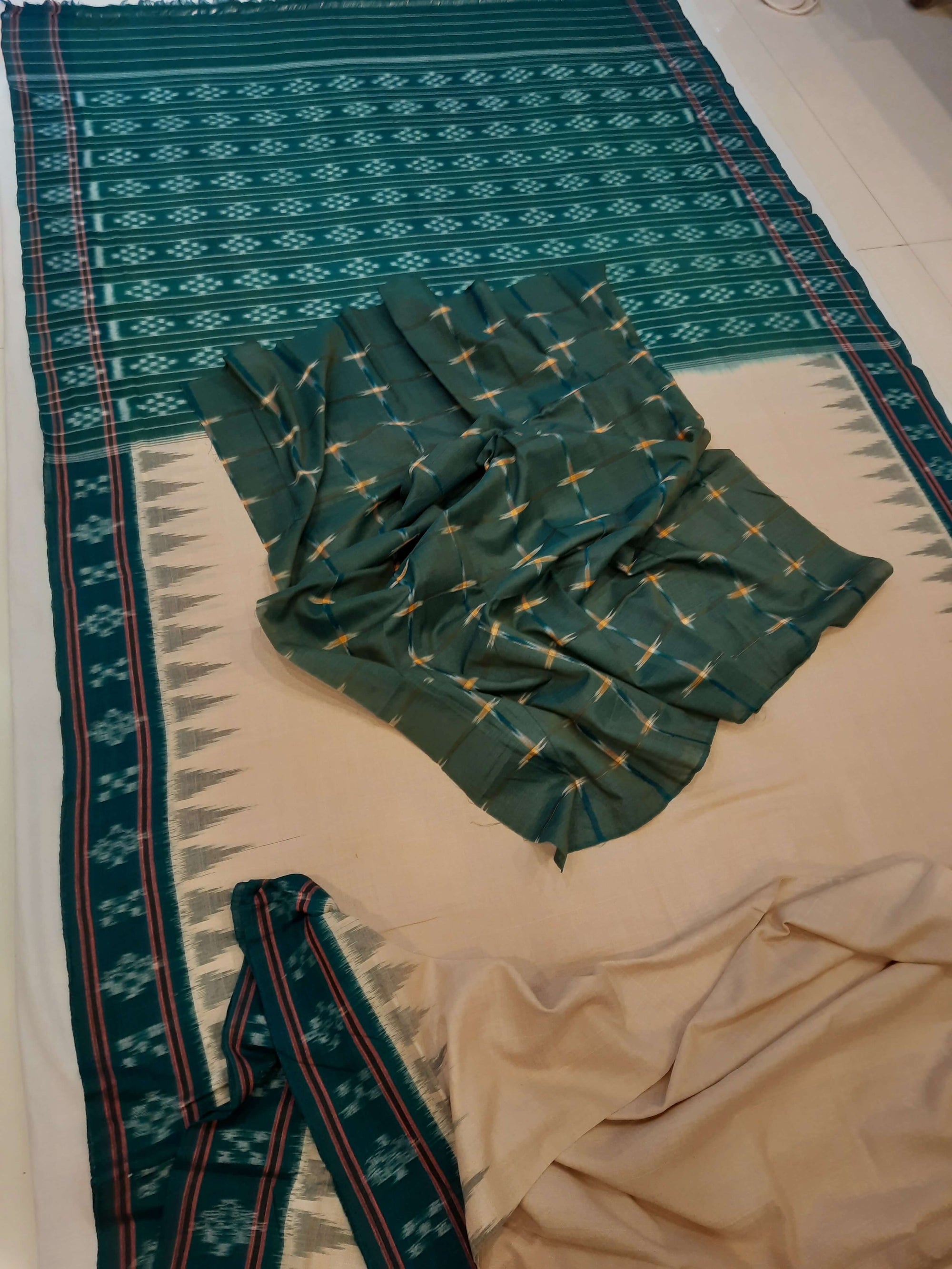 Beige with Green Cotton Odisha Ikat saree with green cotton ikat blouse piece