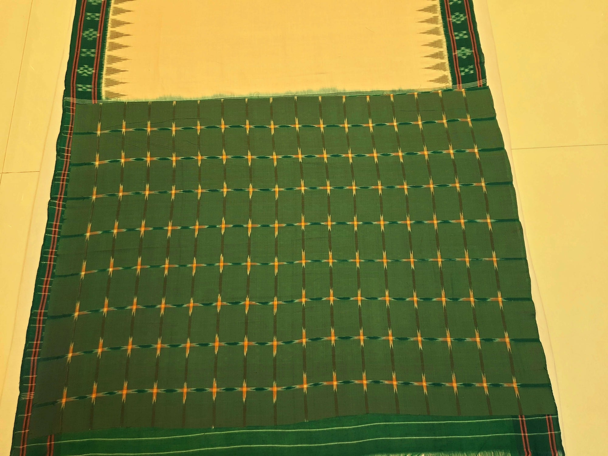 Beige with Green Cotton Odisha Ikat saree with green cotton ikat blouse piece