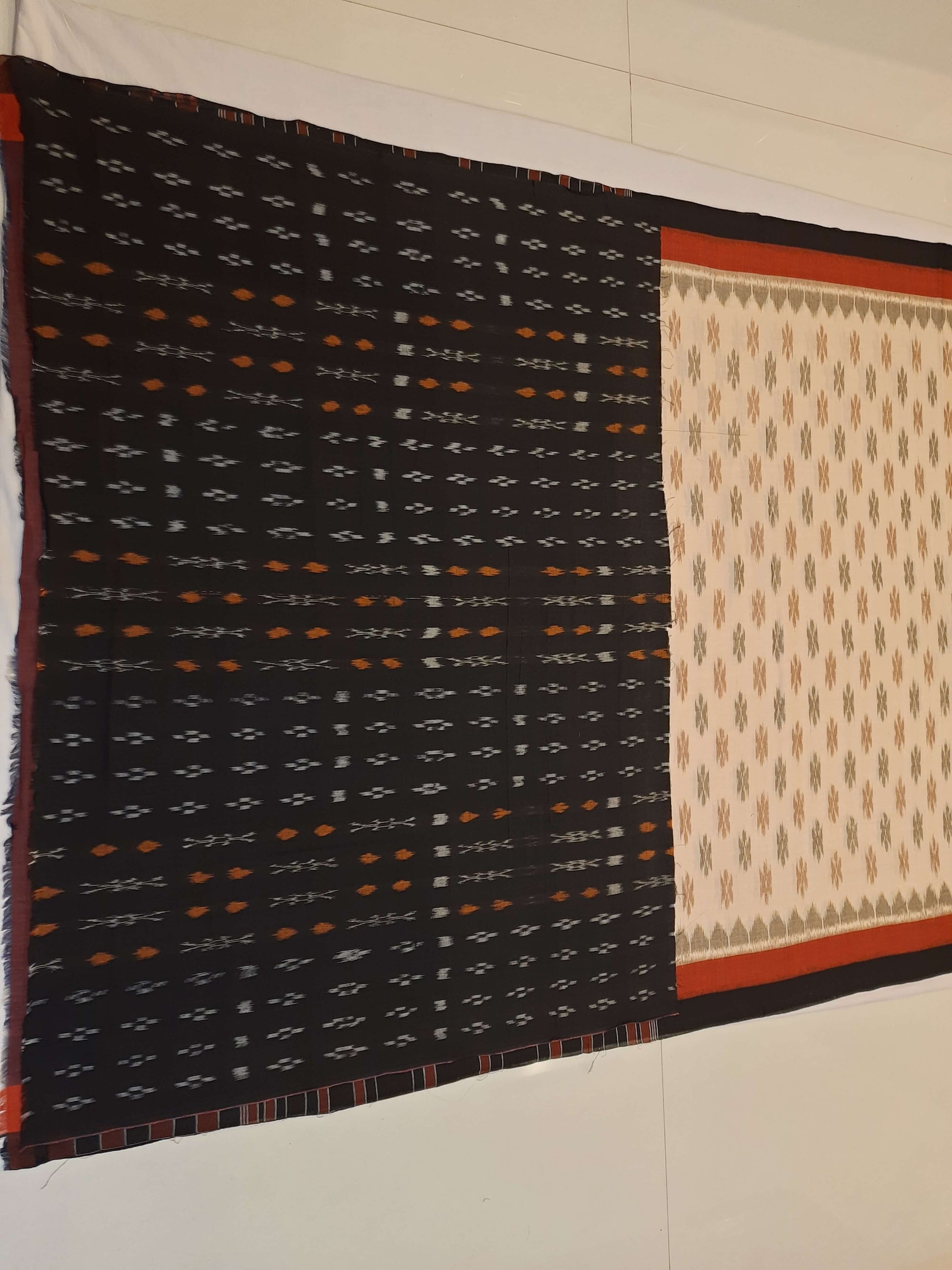 Beige cotton Odisha Ikat saree with cotton ikat blouse piece