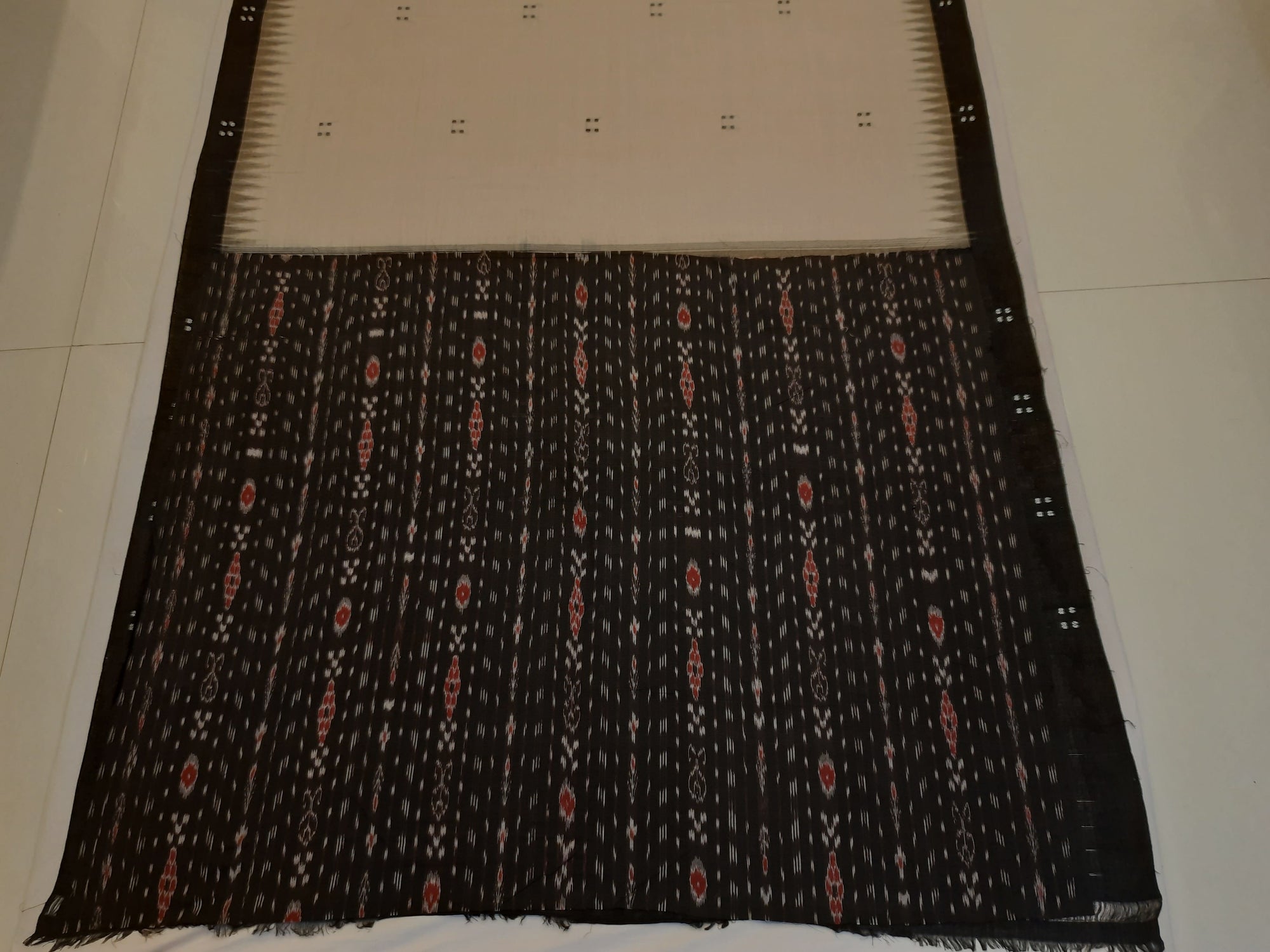 Beige with Black Cotton Odisha Ikat saree with black cotton ikat blouse piece