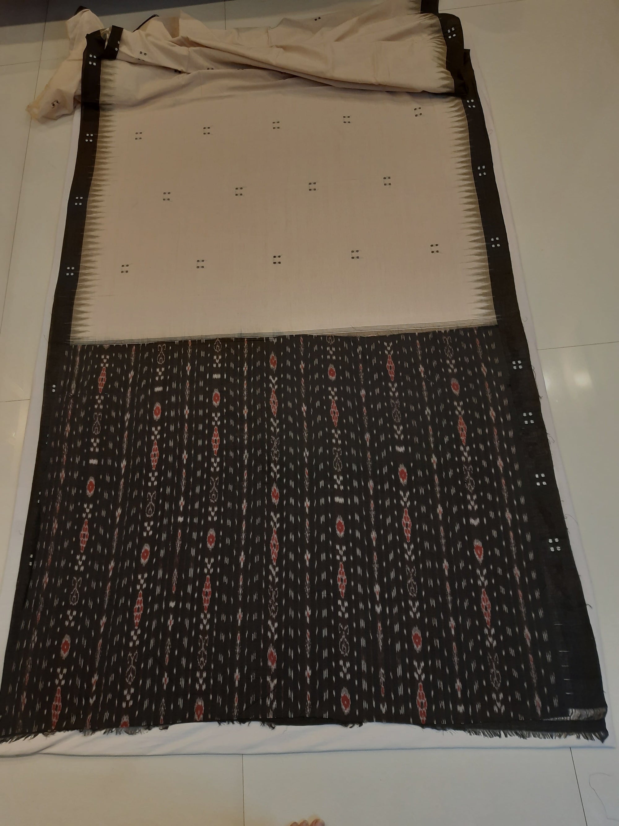 Beige with Black Cotton Odisha Ikat saree with black cotton ikat blouse piece