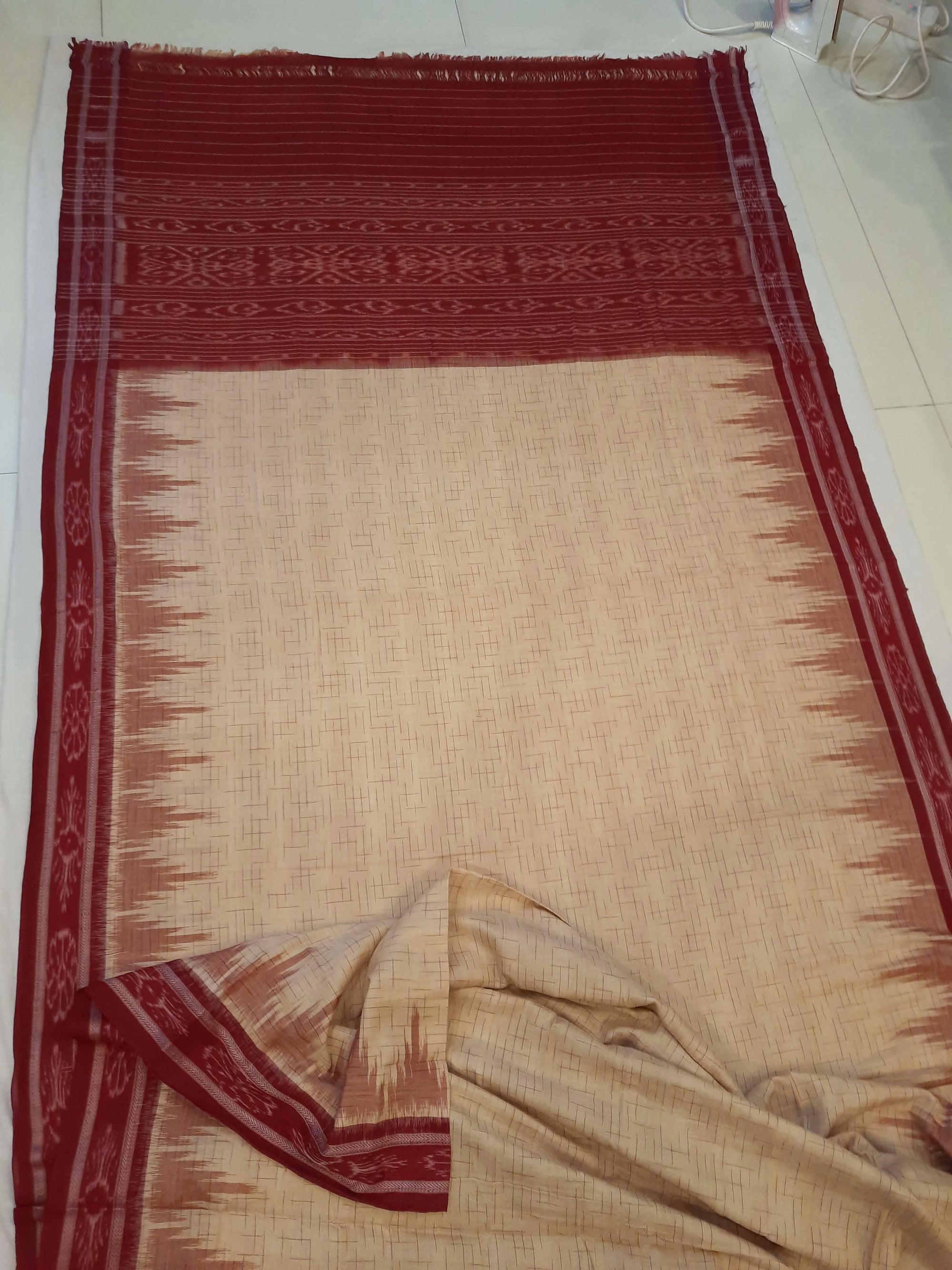 Beige with Maroon Cotton Odisha Ikat saree with mix match cotton ikat blouse piece