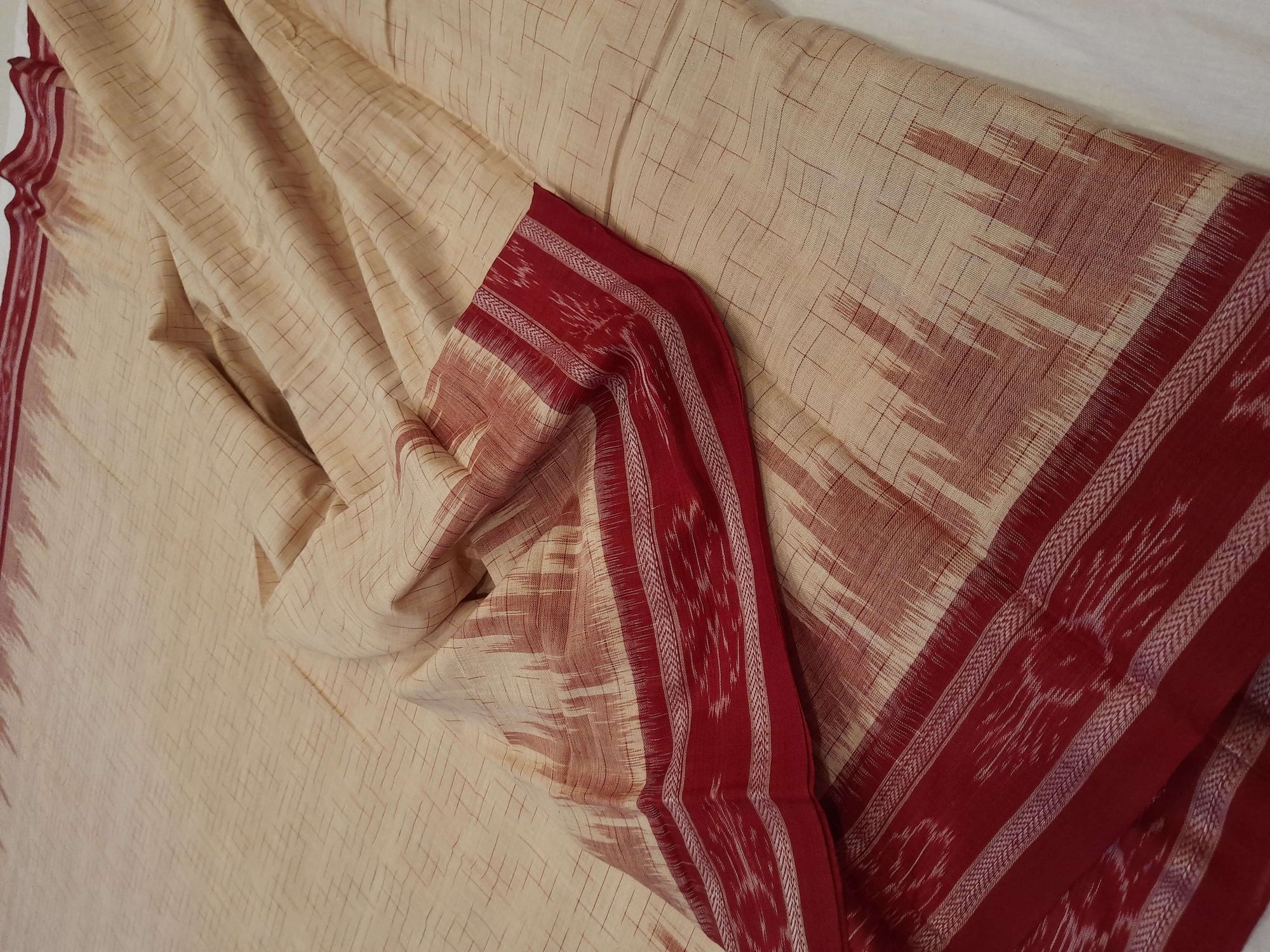 Beige with Maroon Cotton Odisha Ikat saree with mix match cotton ikat blouse piece