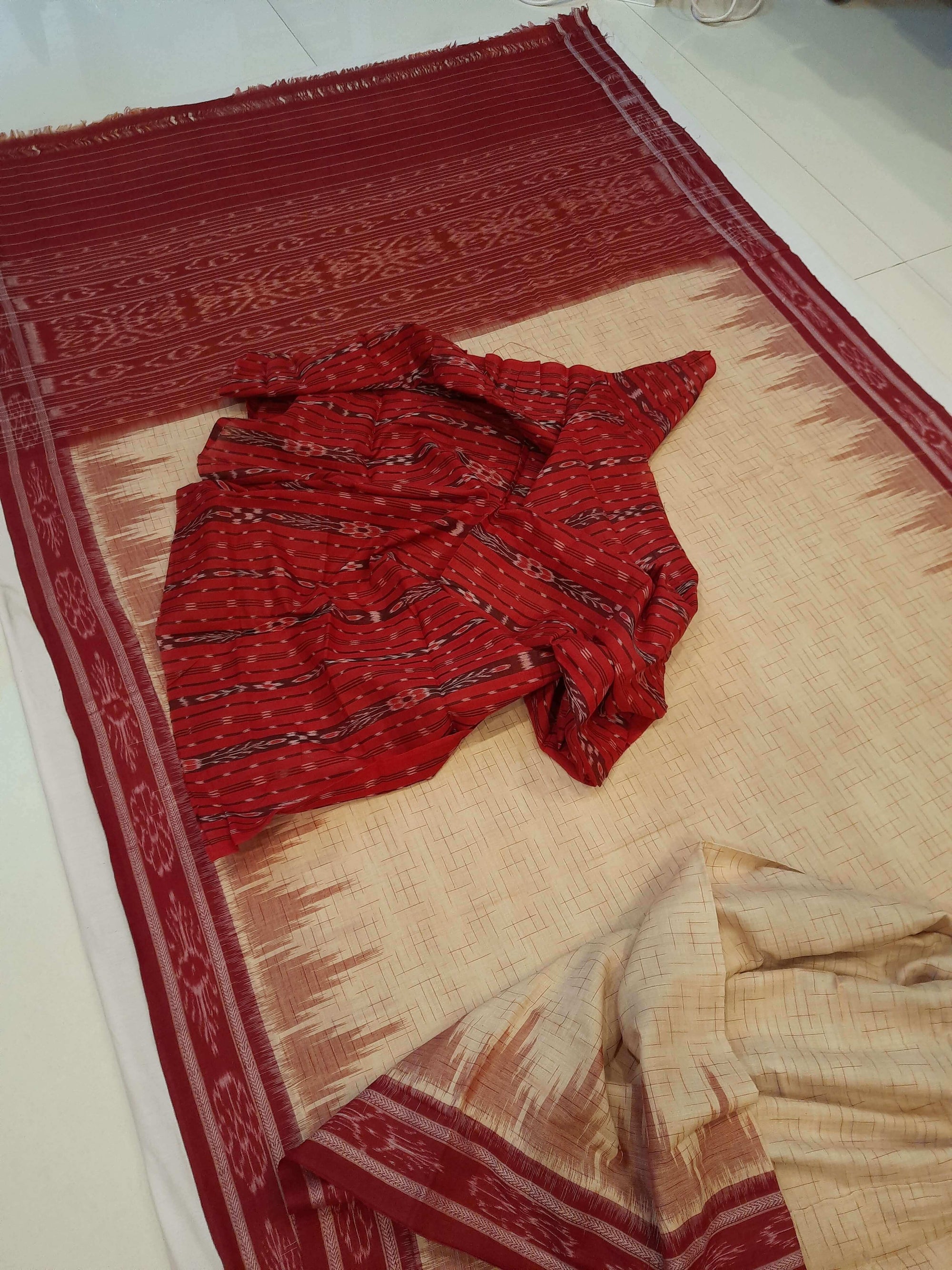 Beige with Maroon Cotton Odisha Ikat saree with mix match cotton ikat blouse piece