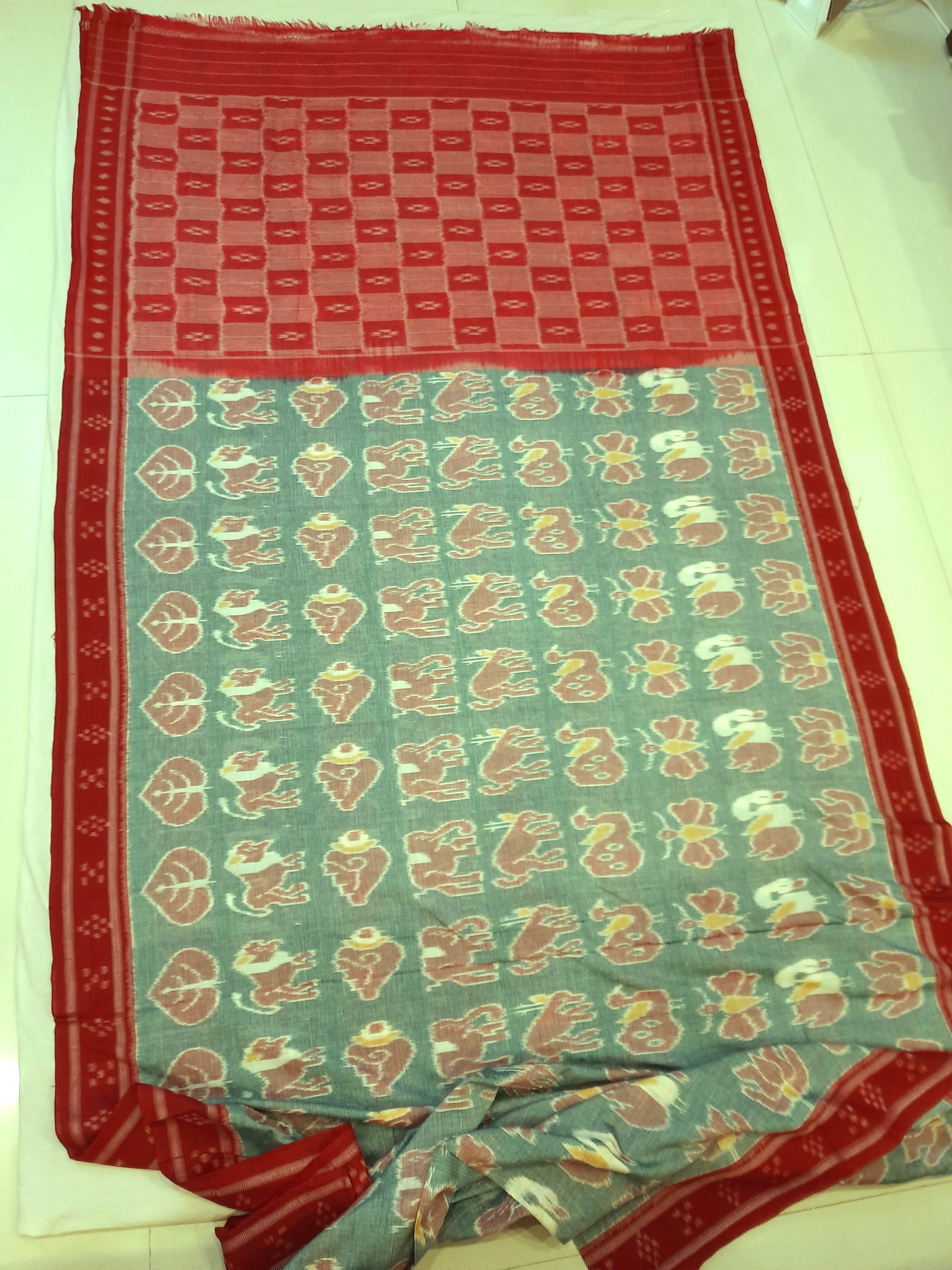 Green with Red cotton ikat Saree with red cotton Ikat blouse piece