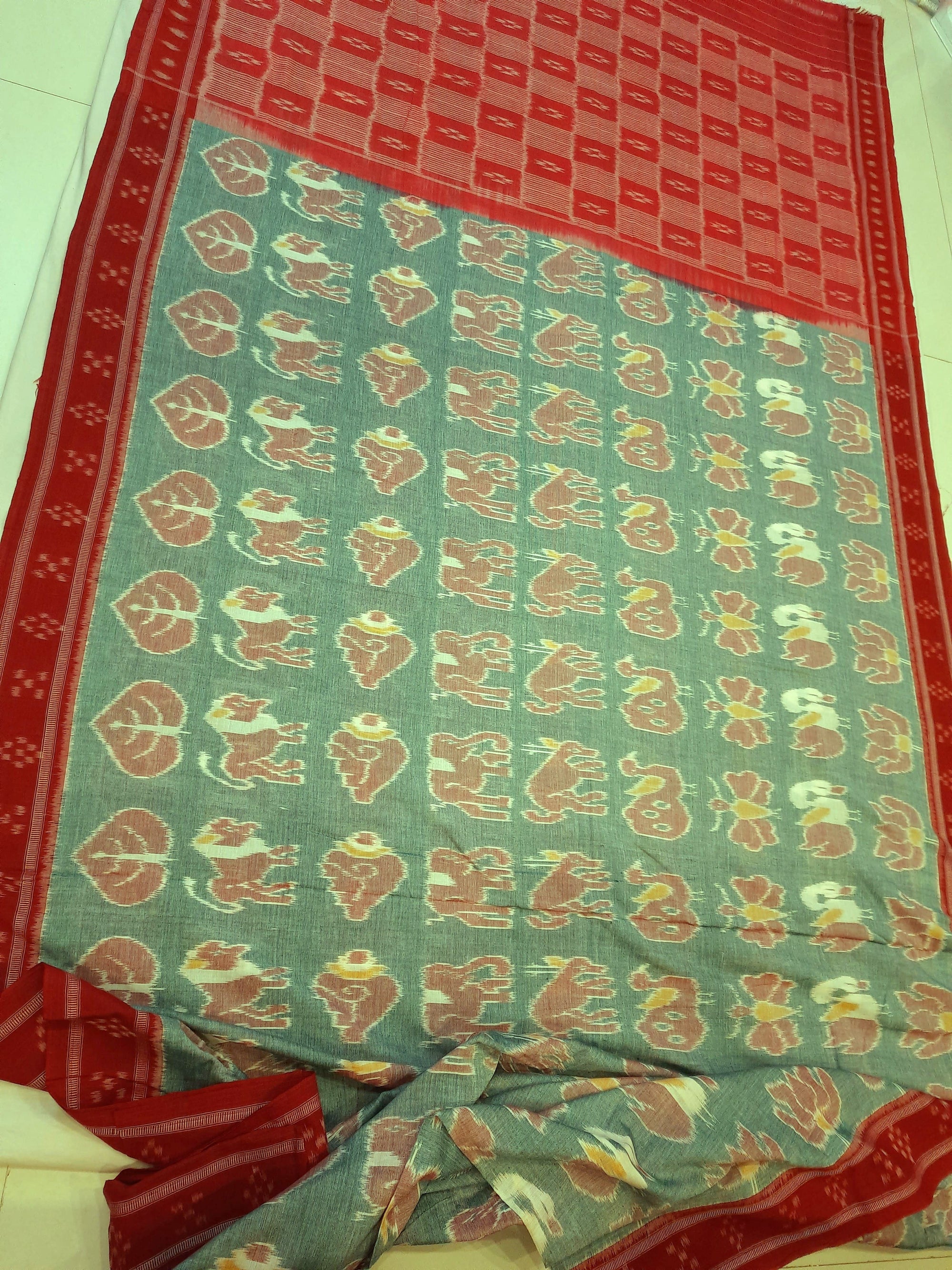Green with Red cotton ikat Saree with red cotton Ikat blouse piece