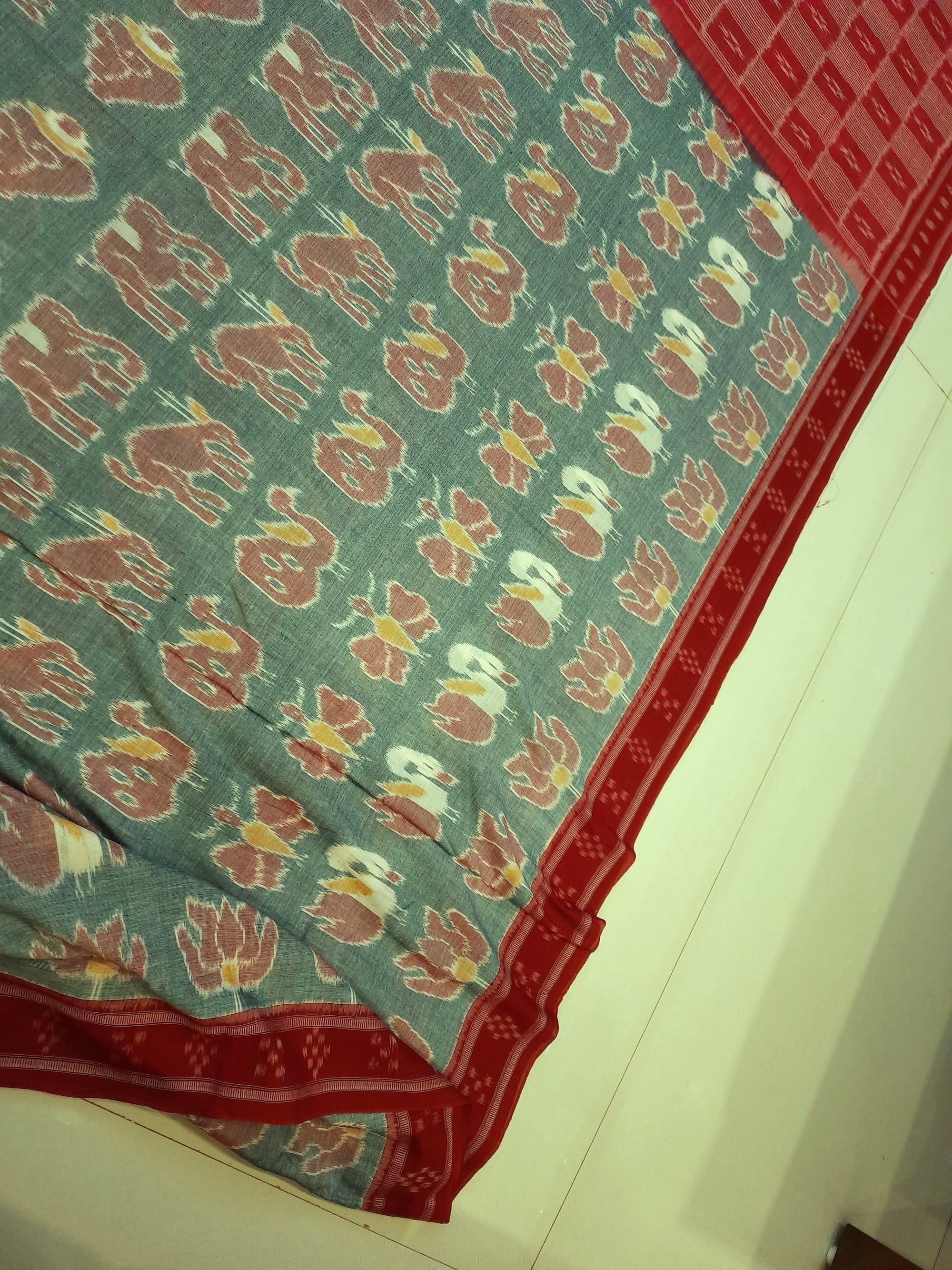 Green with Red cotton ikat Saree with red cotton Ikat blouse piece