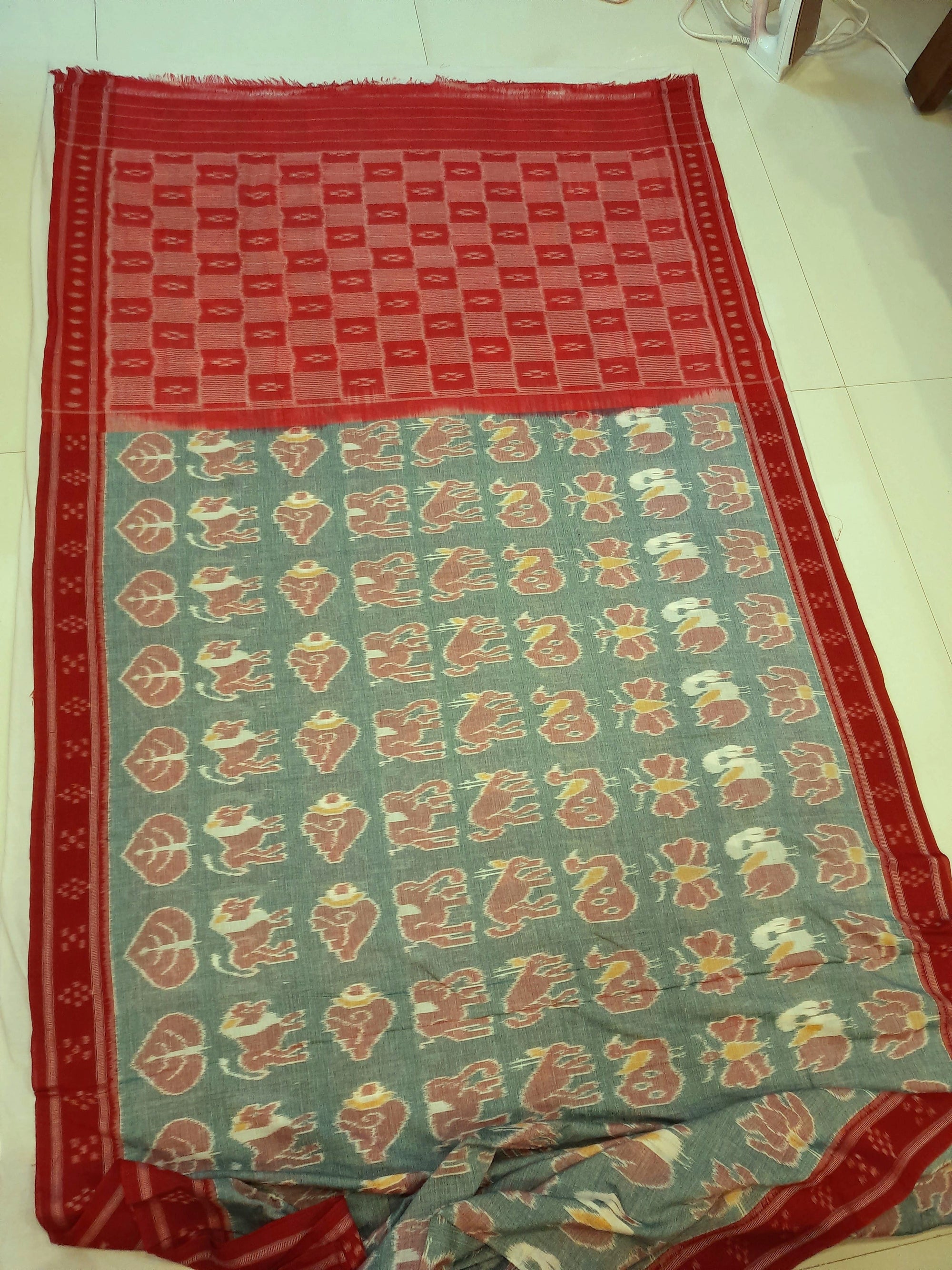 Green with Red cotton ikat Saree with red cotton Ikat blouse piece