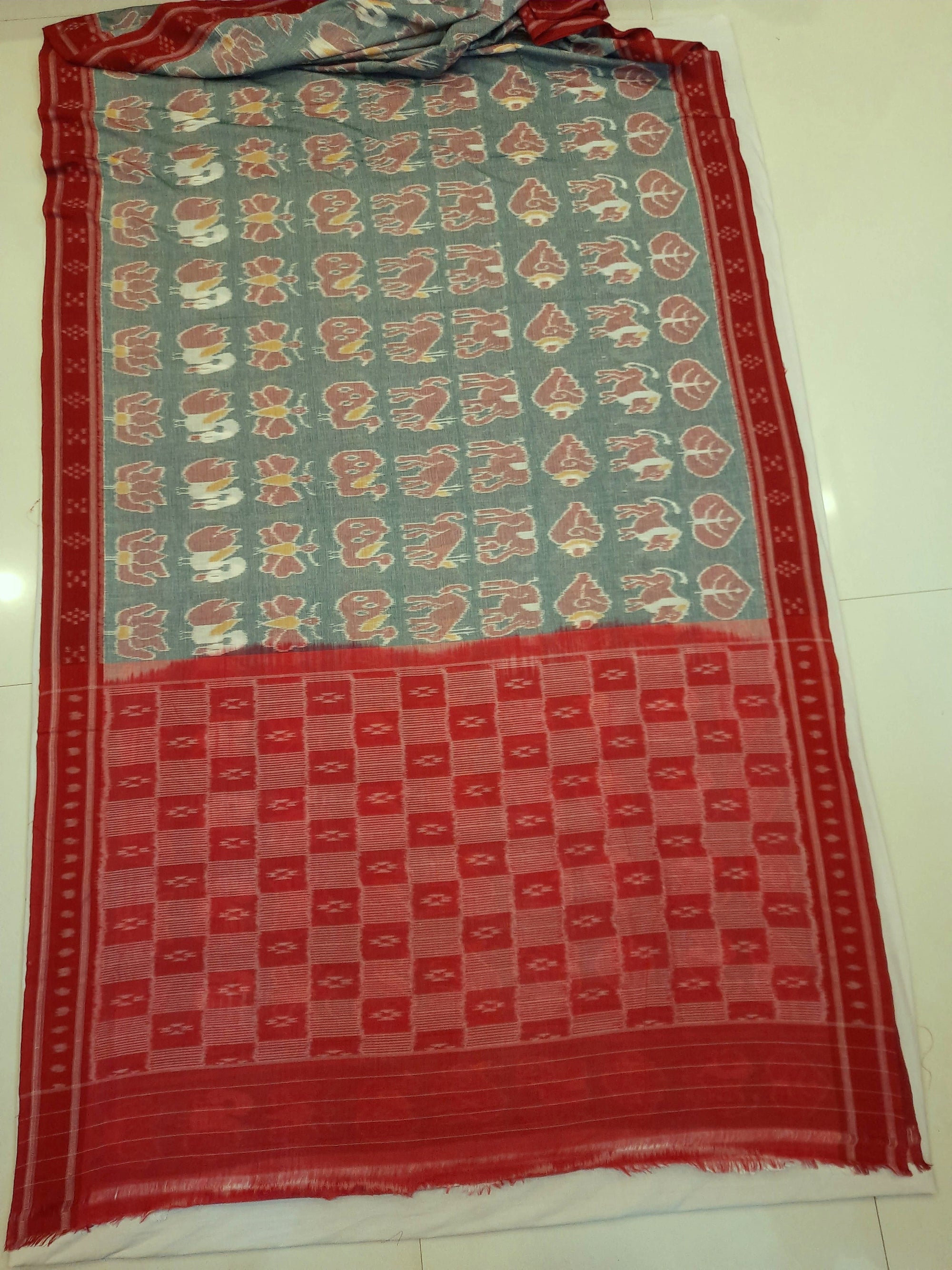 Green with Red cotton ikat Saree with red cotton Ikat blouse piece