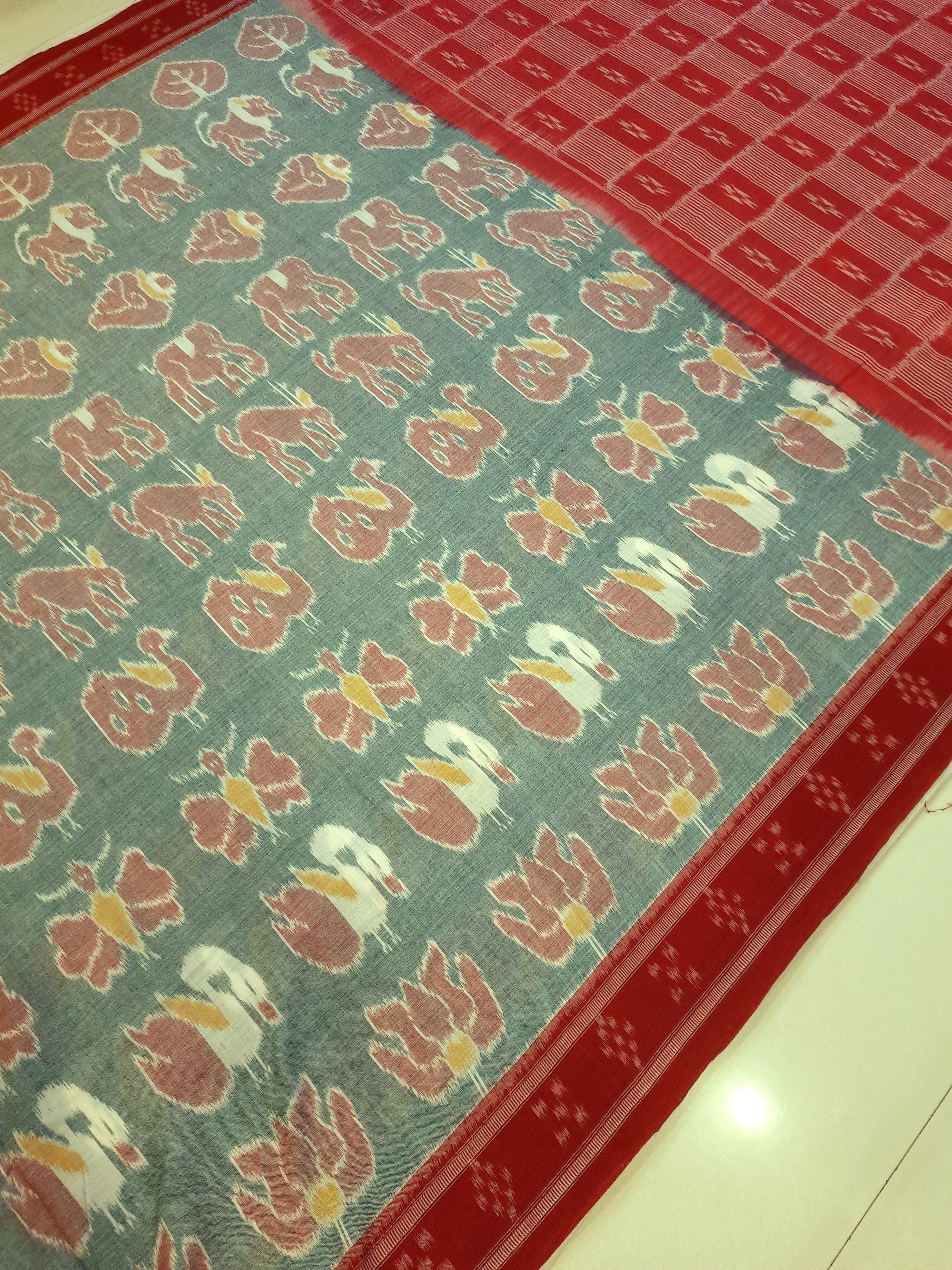 Green with Red cotton ikat Saree with red cotton Ikat blouse piece