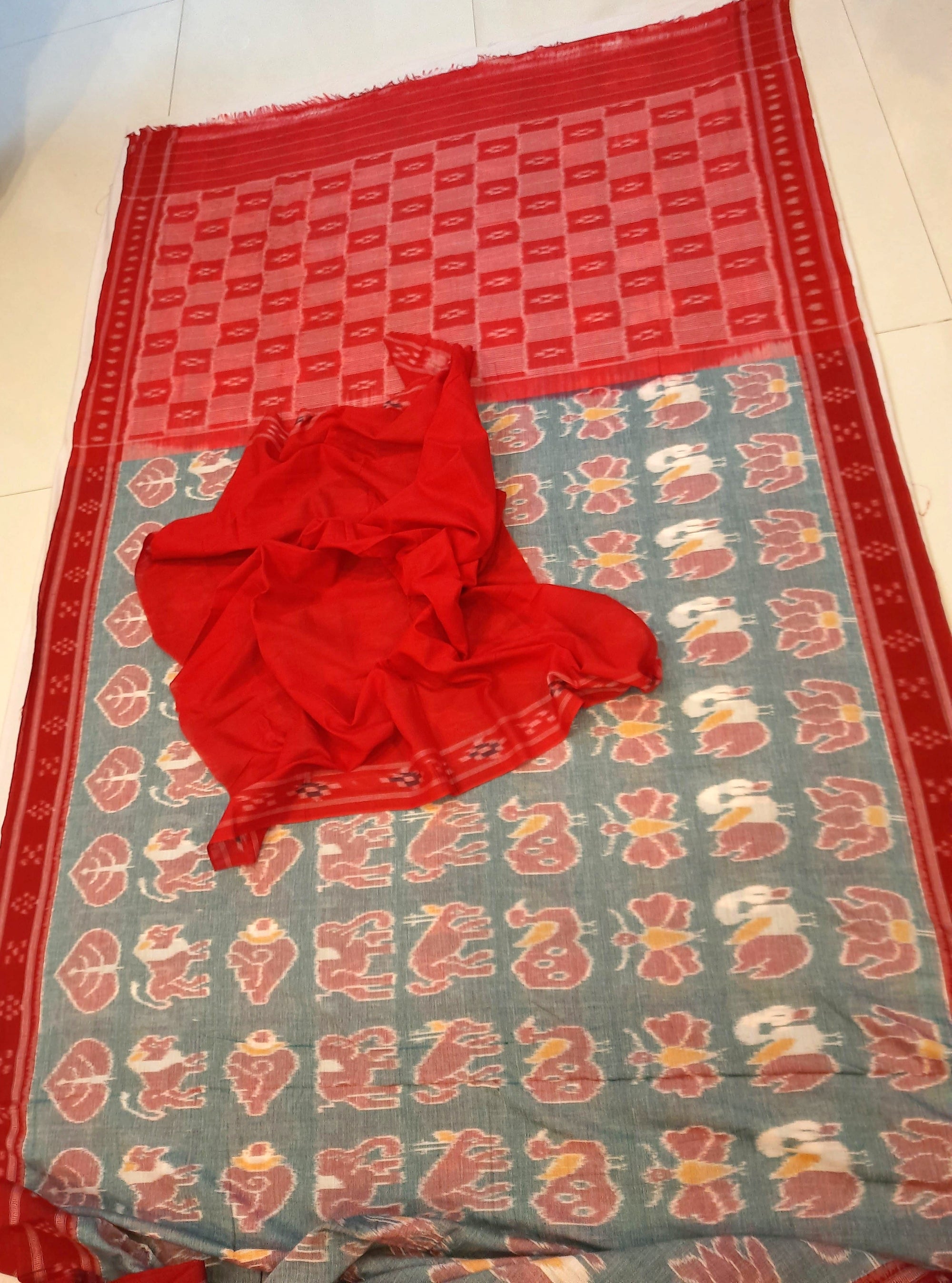 Green with Red cotton ikat Saree with red cotton Ikat blouse piece