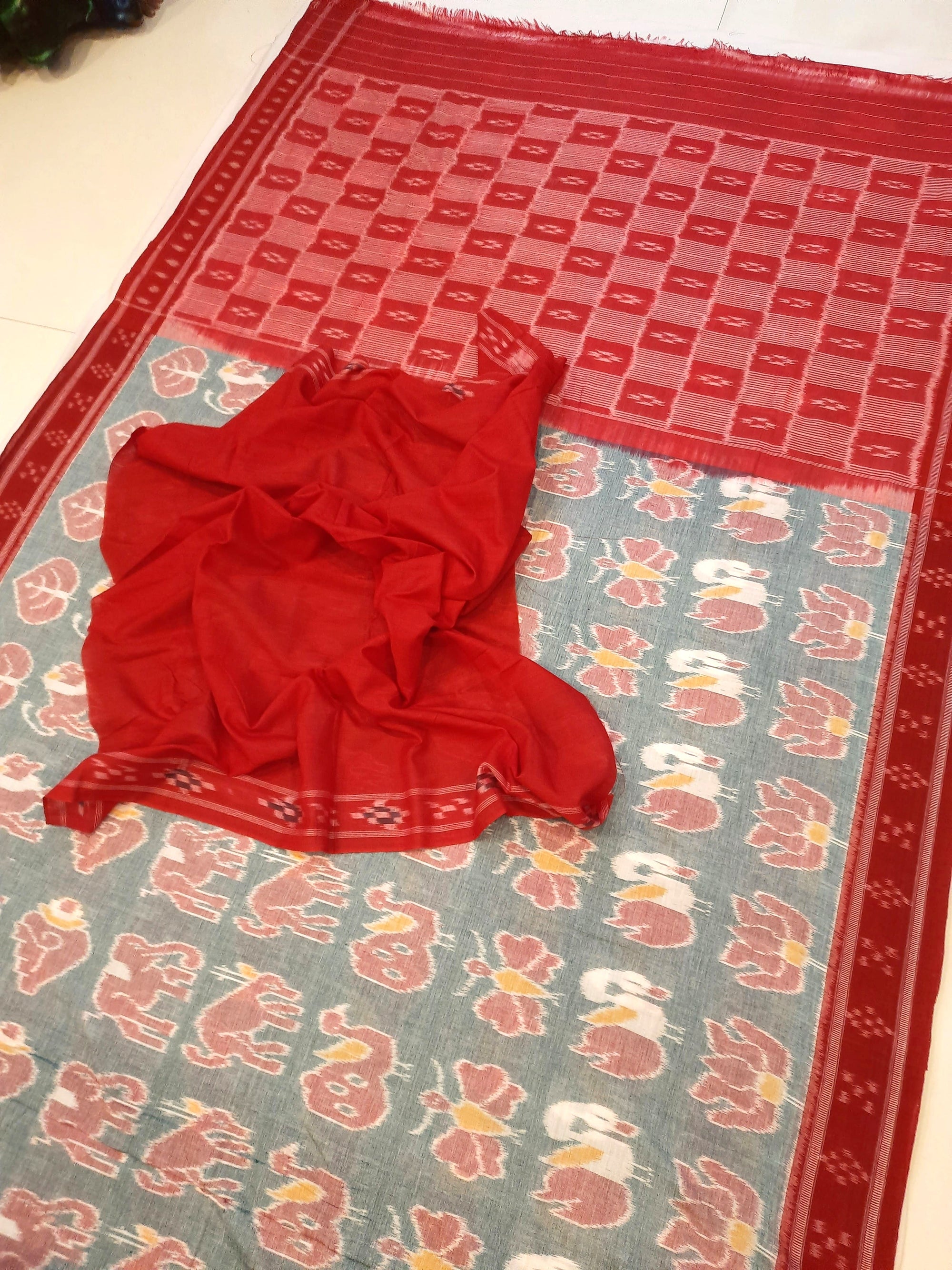 Green with Red cotton ikat Saree with red cotton Ikat blouse piece