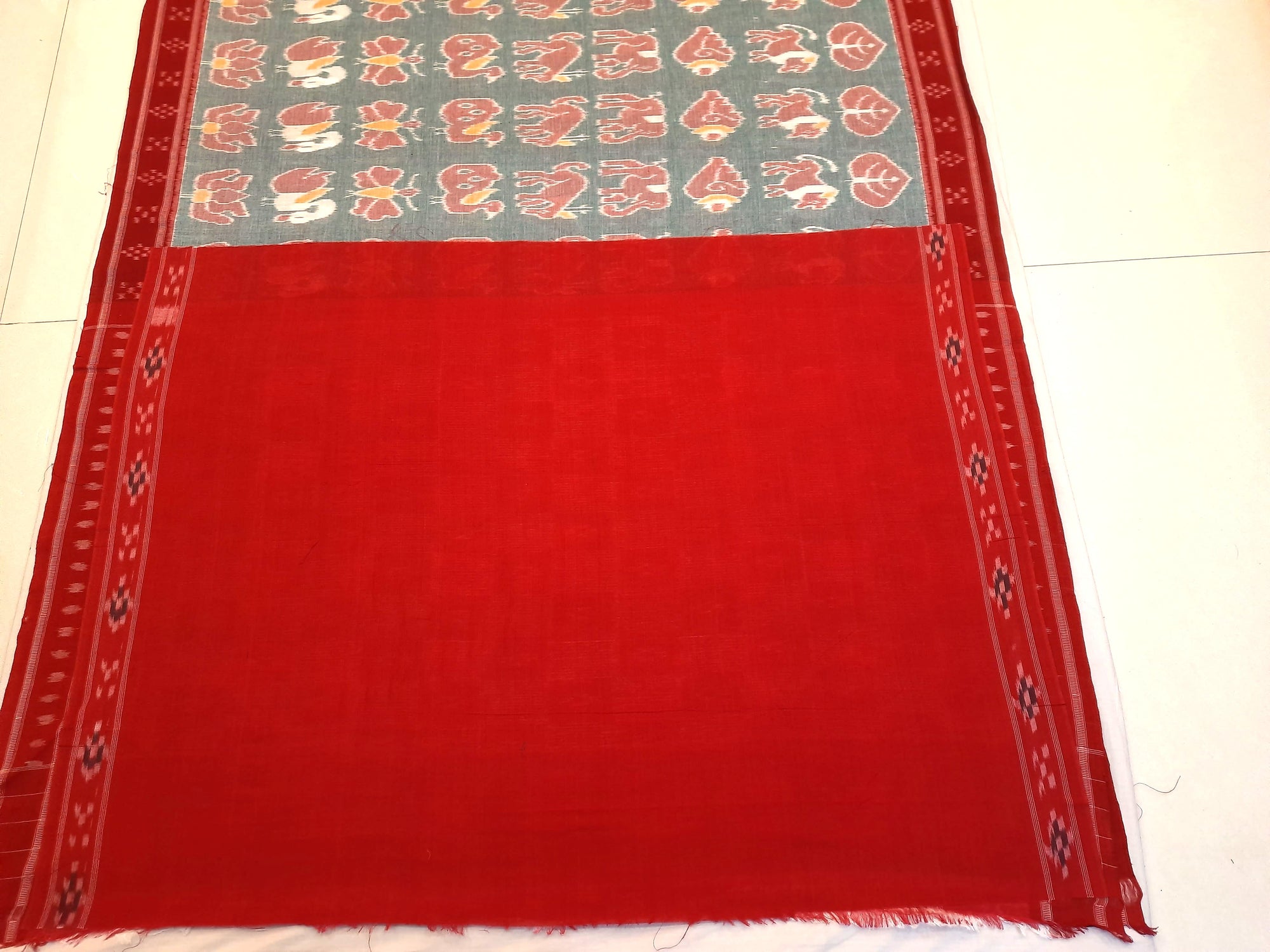 Green with Red cotton ikat Saree with red cotton Ikat blouse piece