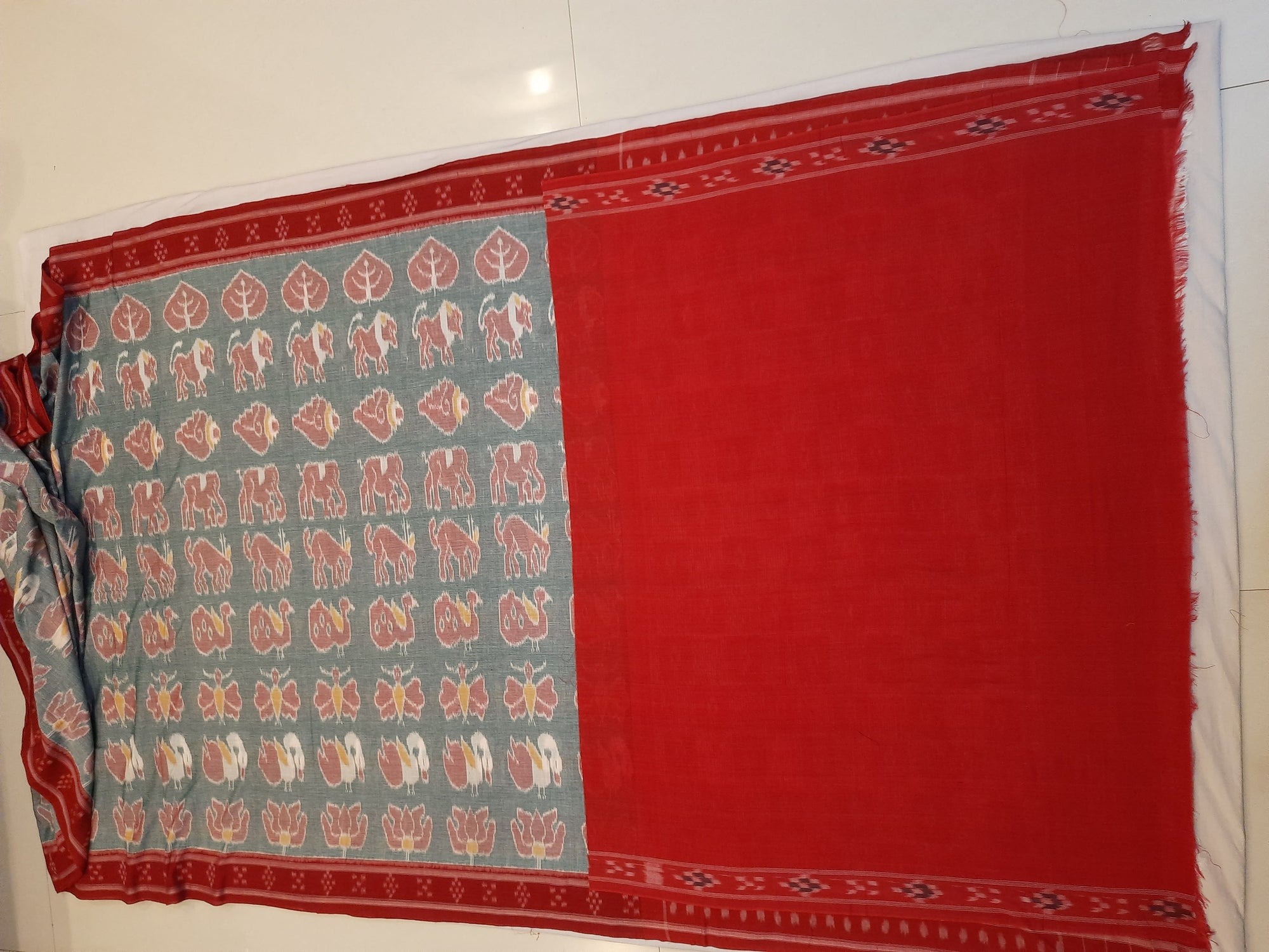 Green with Red cotton ikat Saree with red cotton Ikat blouse piece