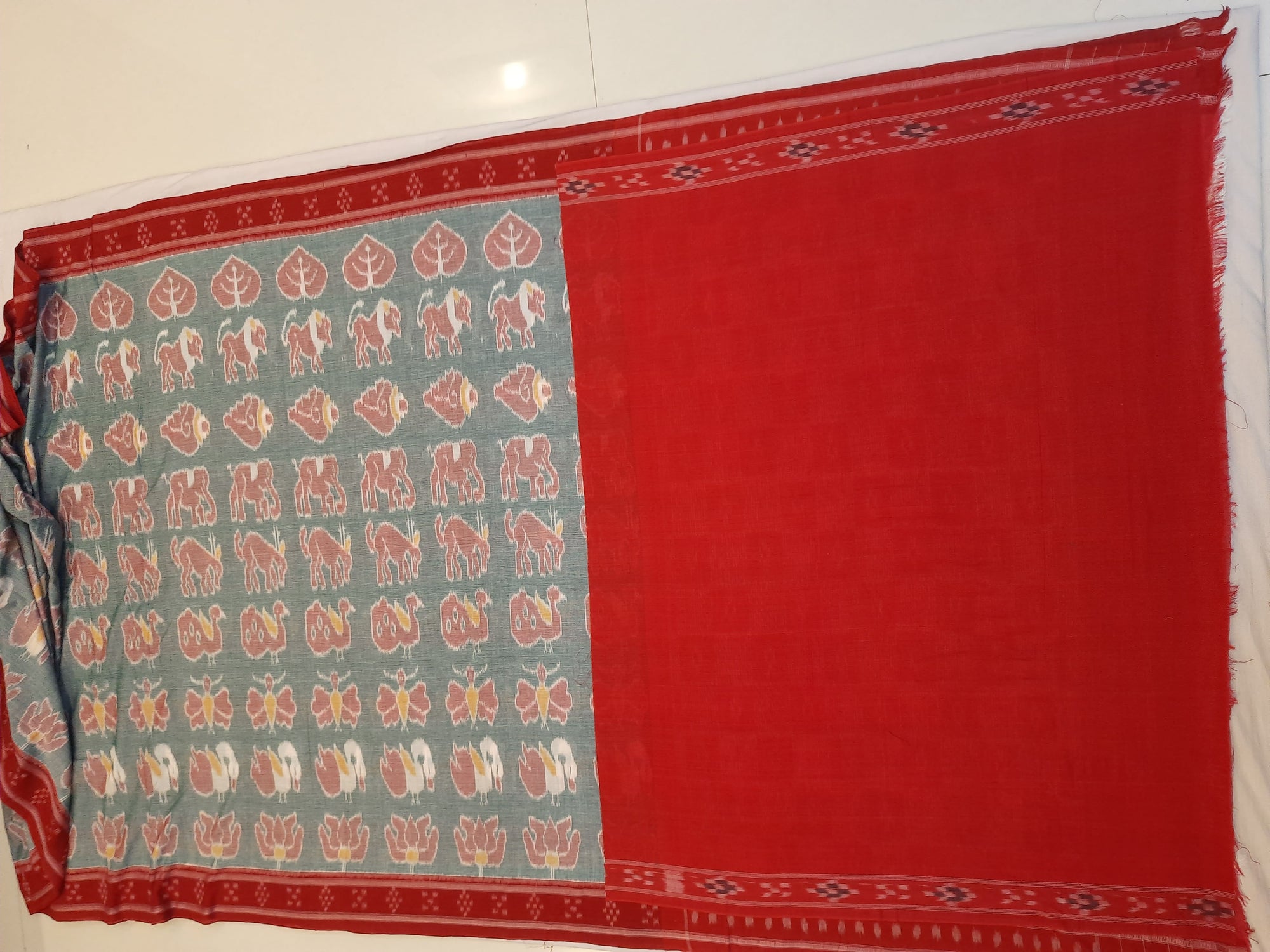 Green with Red cotton ikat Saree with red cotton Ikat blouse piece