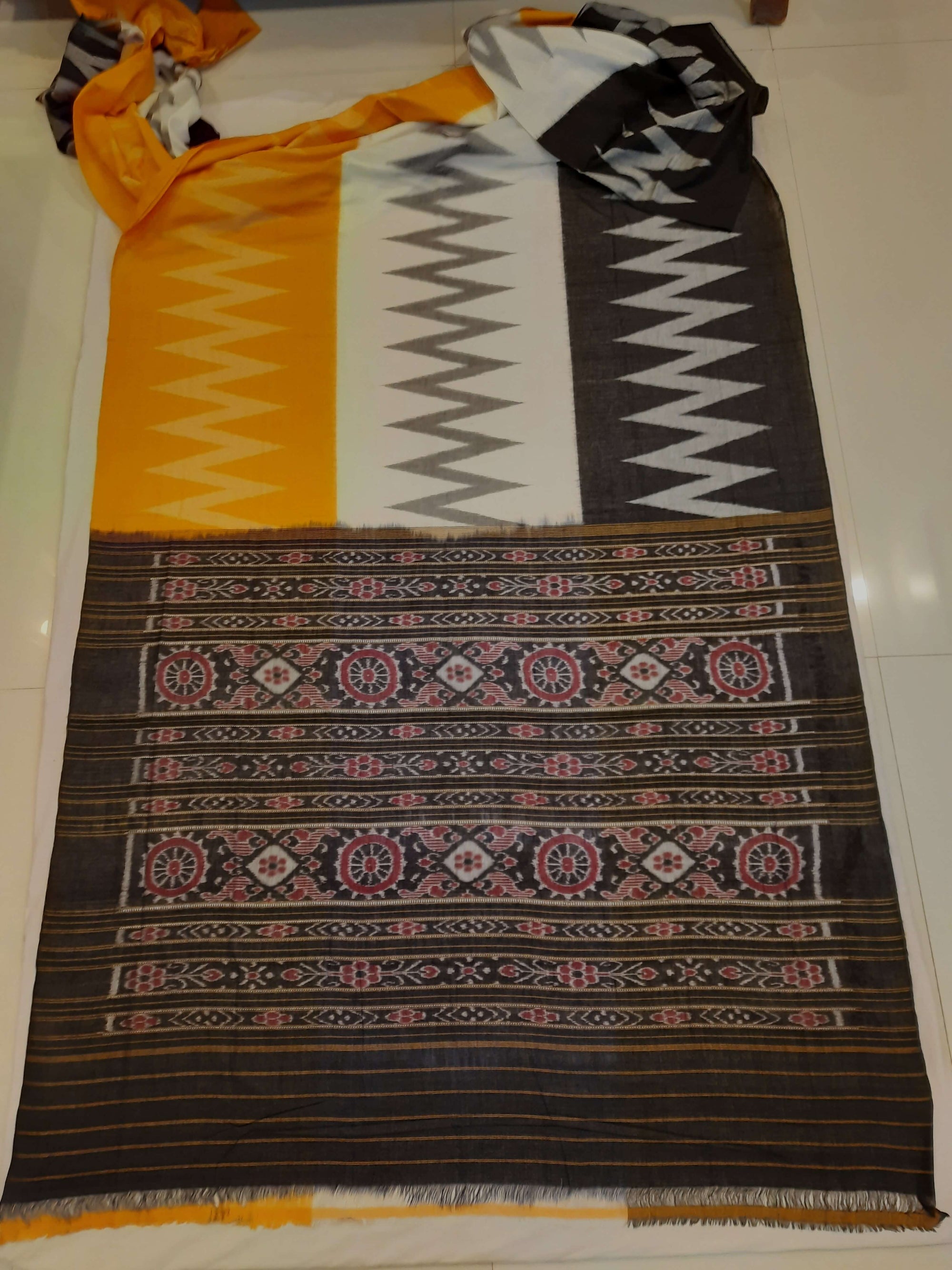 Multi Coloured Cotton Odisha Ikat saree with cotton ikat blouse piece