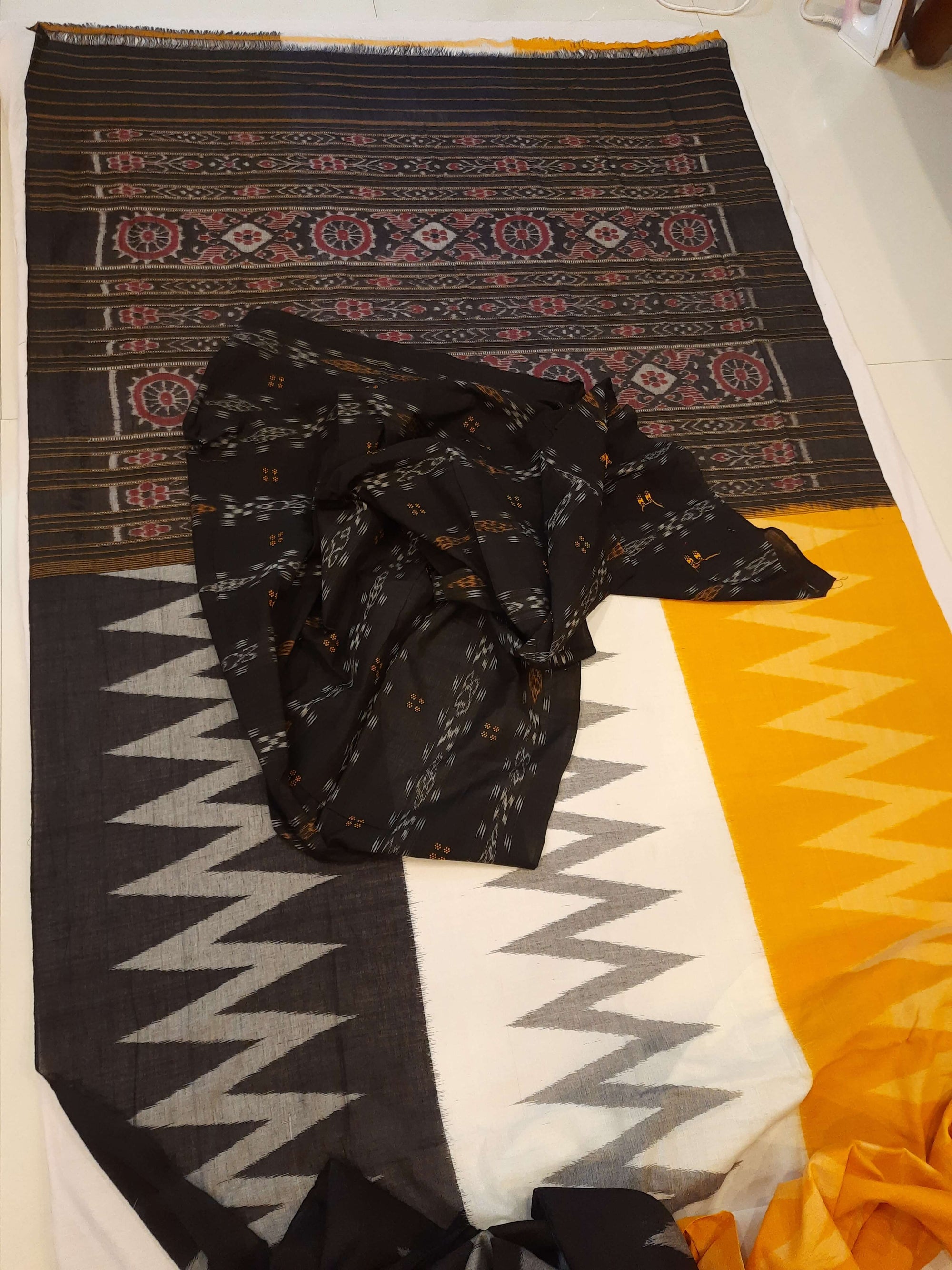 Multi Coloured Cotton Odisha Ikat saree with cotton ikat blouse piece