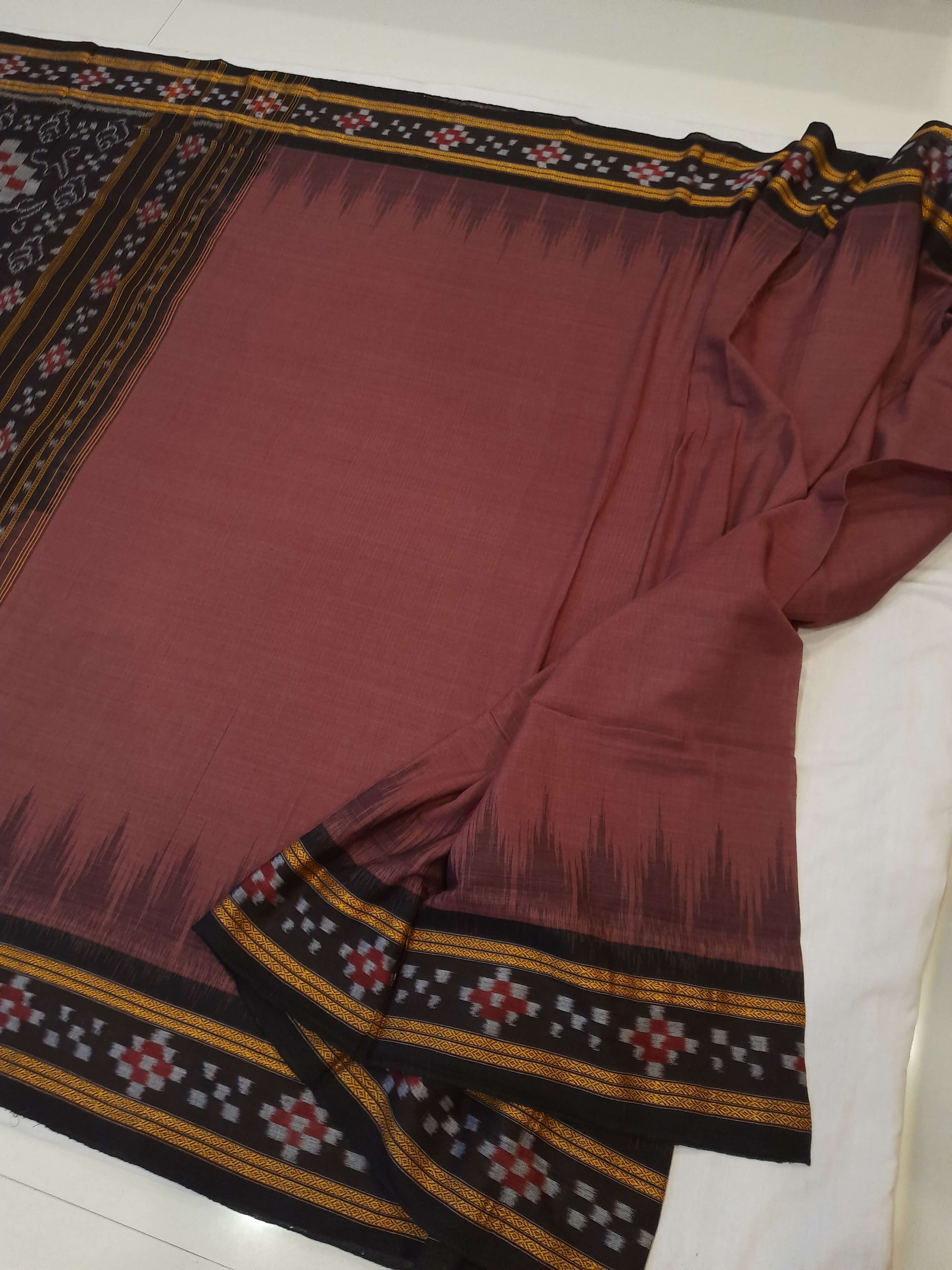 Dark Wine Cotton Odisha Ikat saree with cotton ikat blouse piece