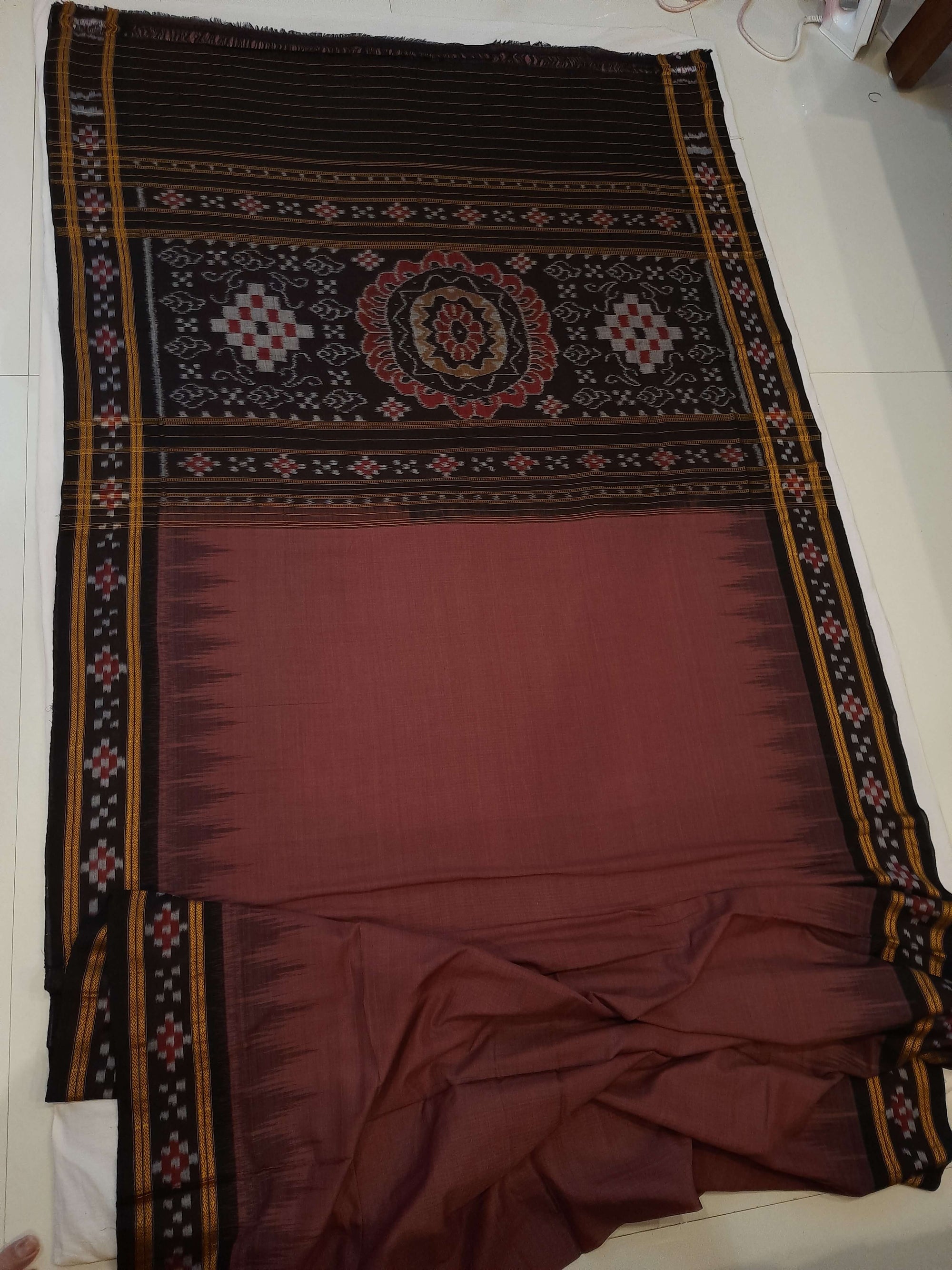 Dark Wine Cotton Odisha Ikat saree with cotton ikat blouse piece